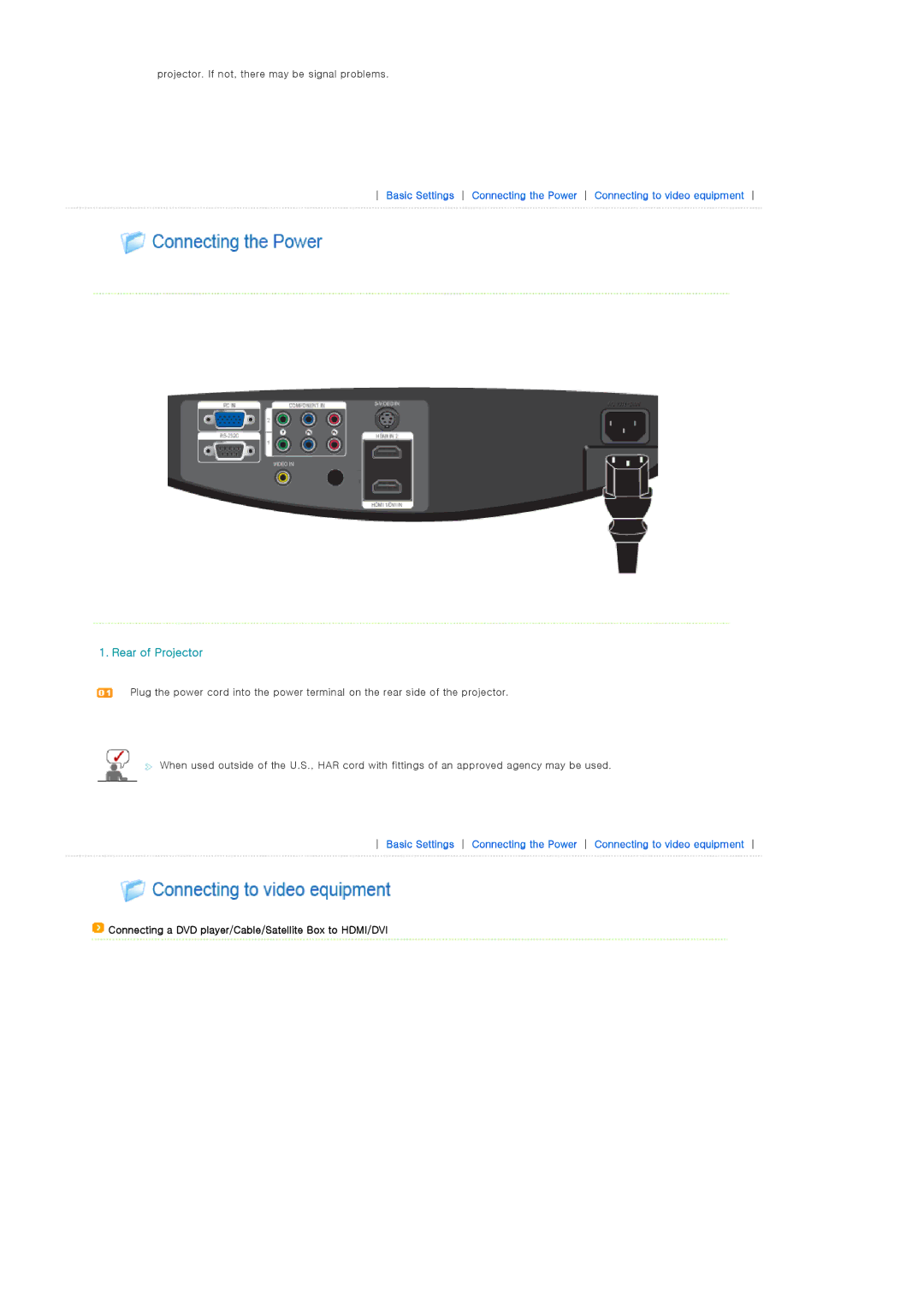 Samsung SP-A900B manual Rear of Projector, Connecting a DVD player/Cable/Satellite Box to HDMI/DVI 