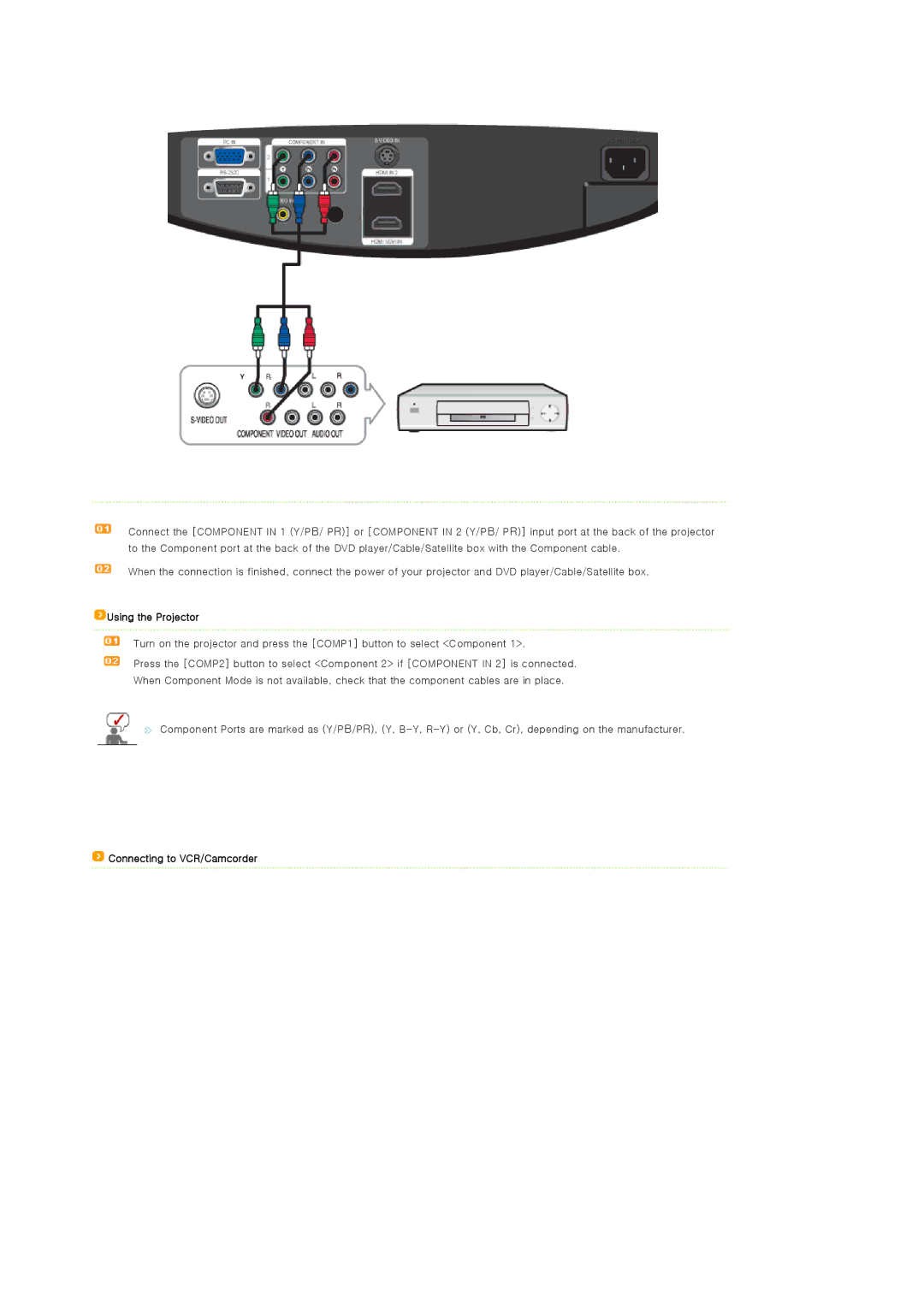 Samsung SP-A900B manual Connecting to VCR/Camcorder 