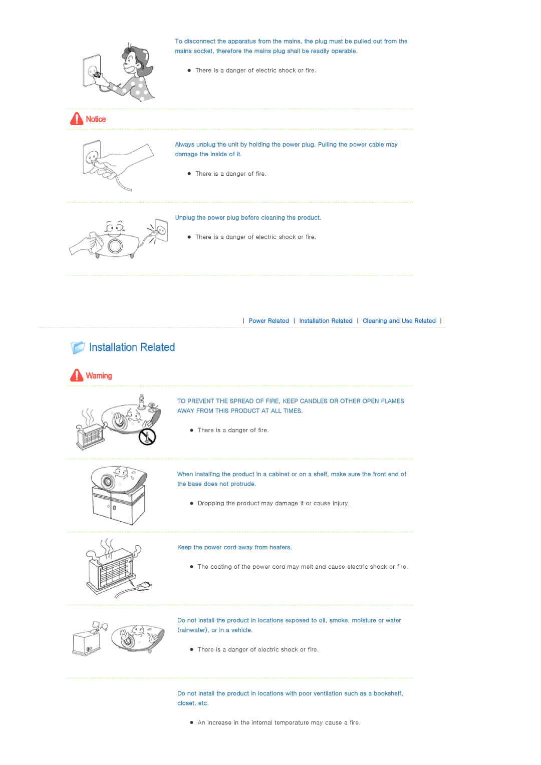 Samsung SP-A900B manual Unplug the power plug before cleaning the product, Keep the power cord away from heaters 