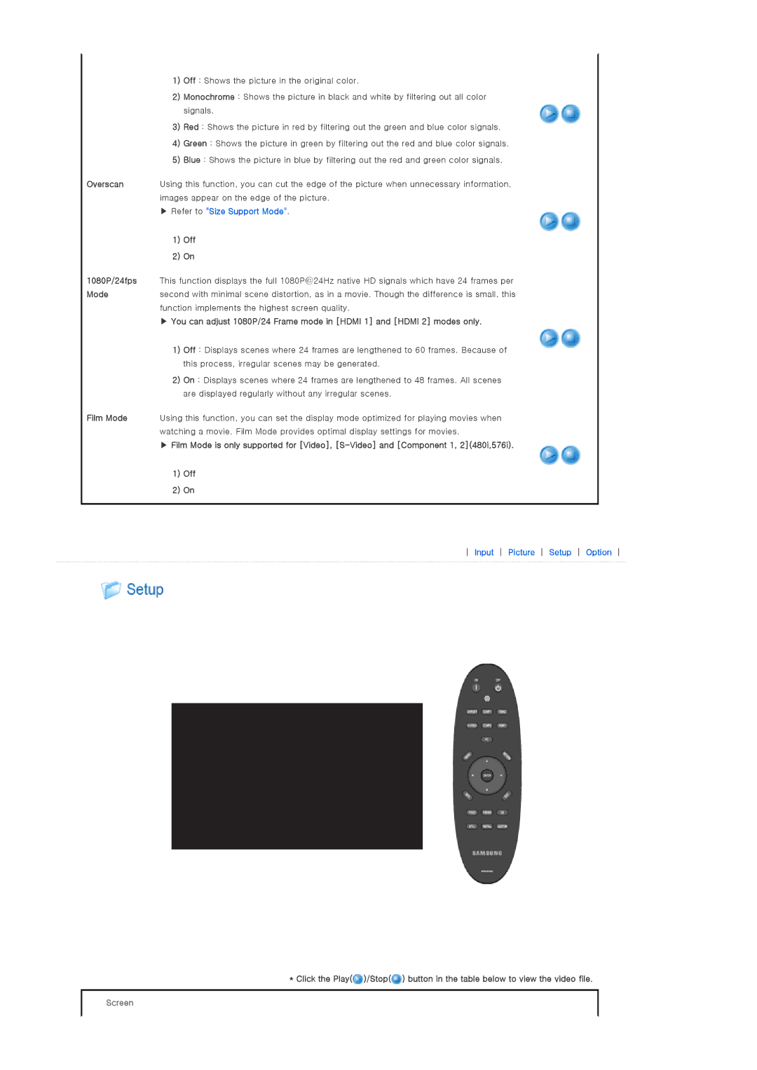 Samsung SP-A900B manual Off Shows the picture in the original color, Signals, Screen 