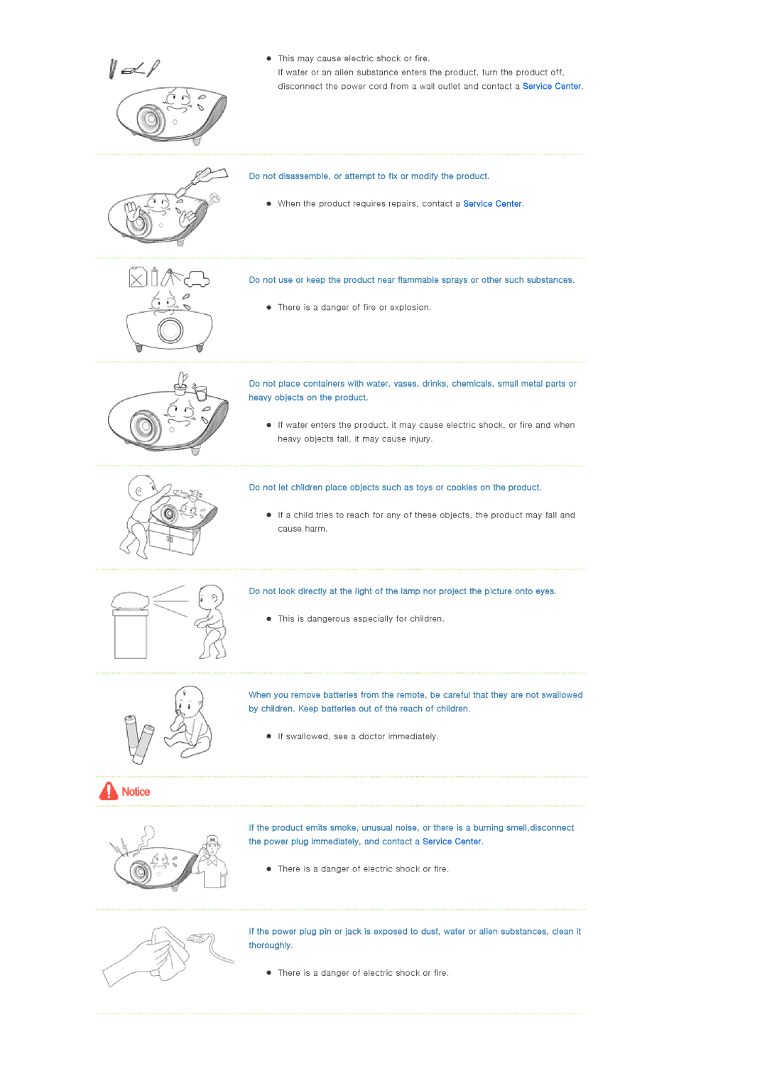 Samsung SP-A900B manual Do not disassemble, or attempt to fix or modify the product, If swallowed, see a doctor immediately 