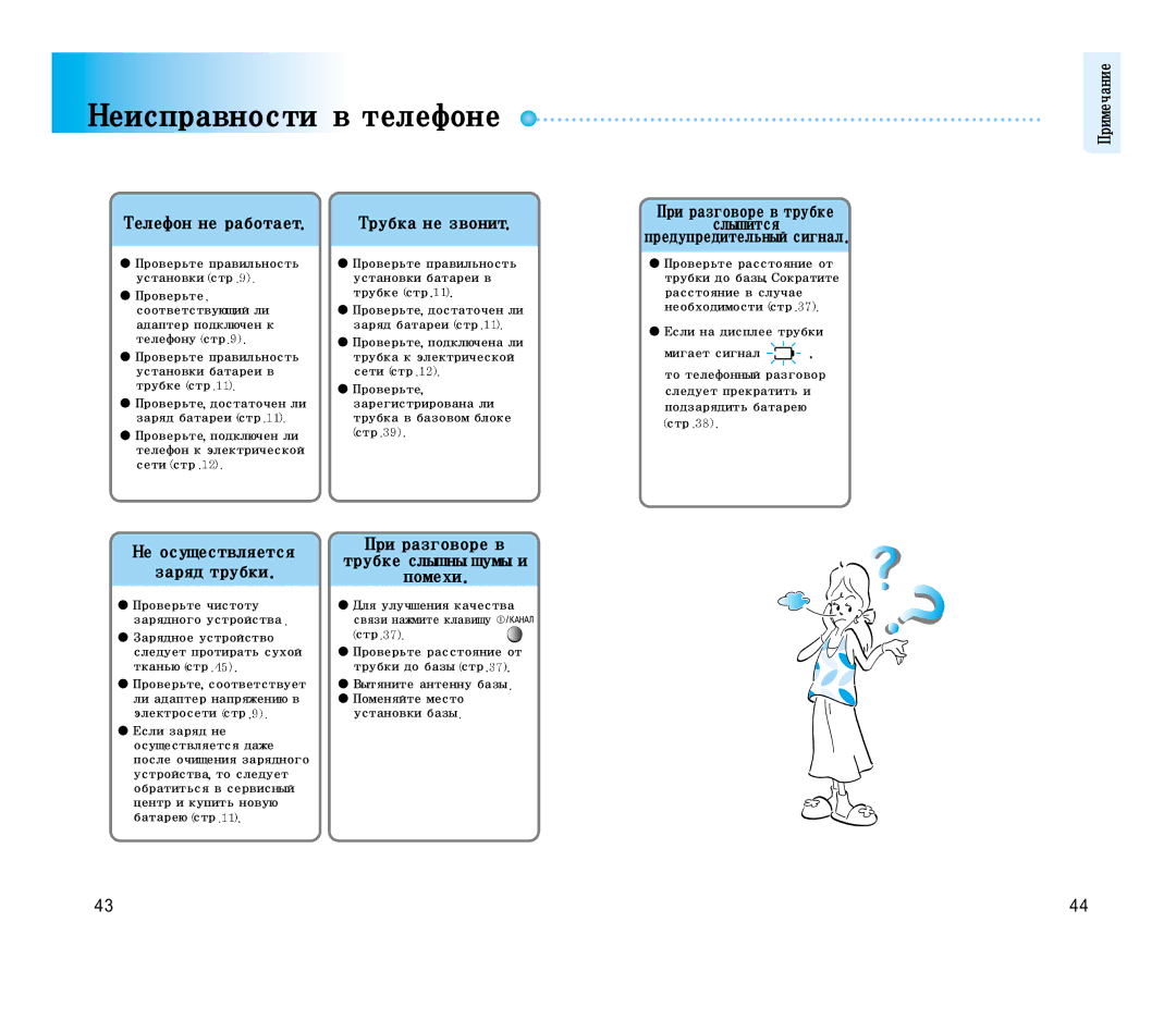 Samsung SP-C501R manual Примечание, Телефоннеработает. Трубканезвонит, Зарядтрубки.помехи 