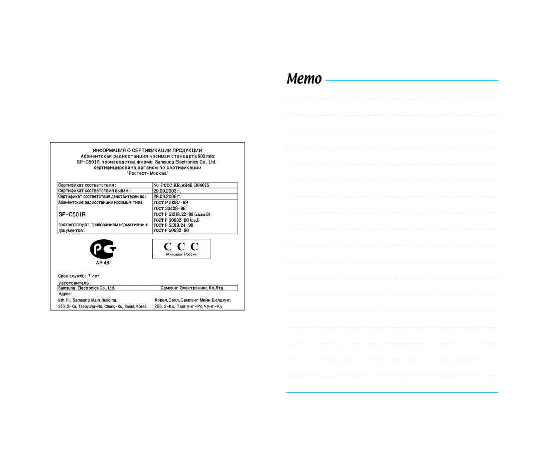 Samsung SP-C501R manual Memo 