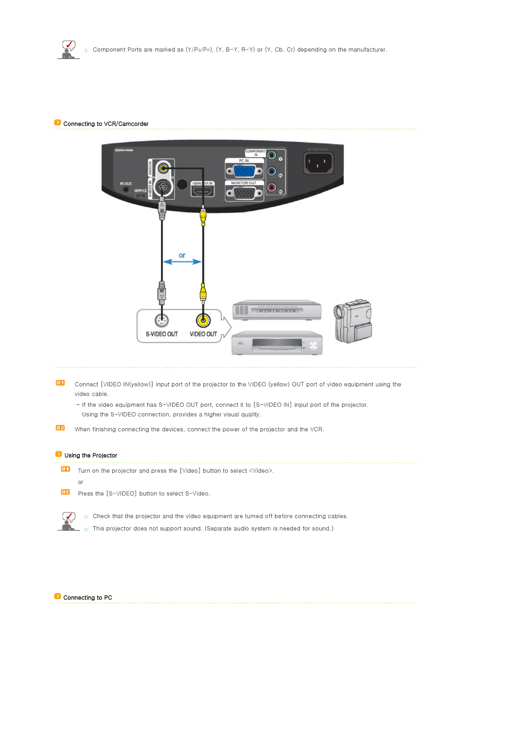 Samsung SP-D300B manual Connecting to VCR/Camcorder, Connecting to PC 