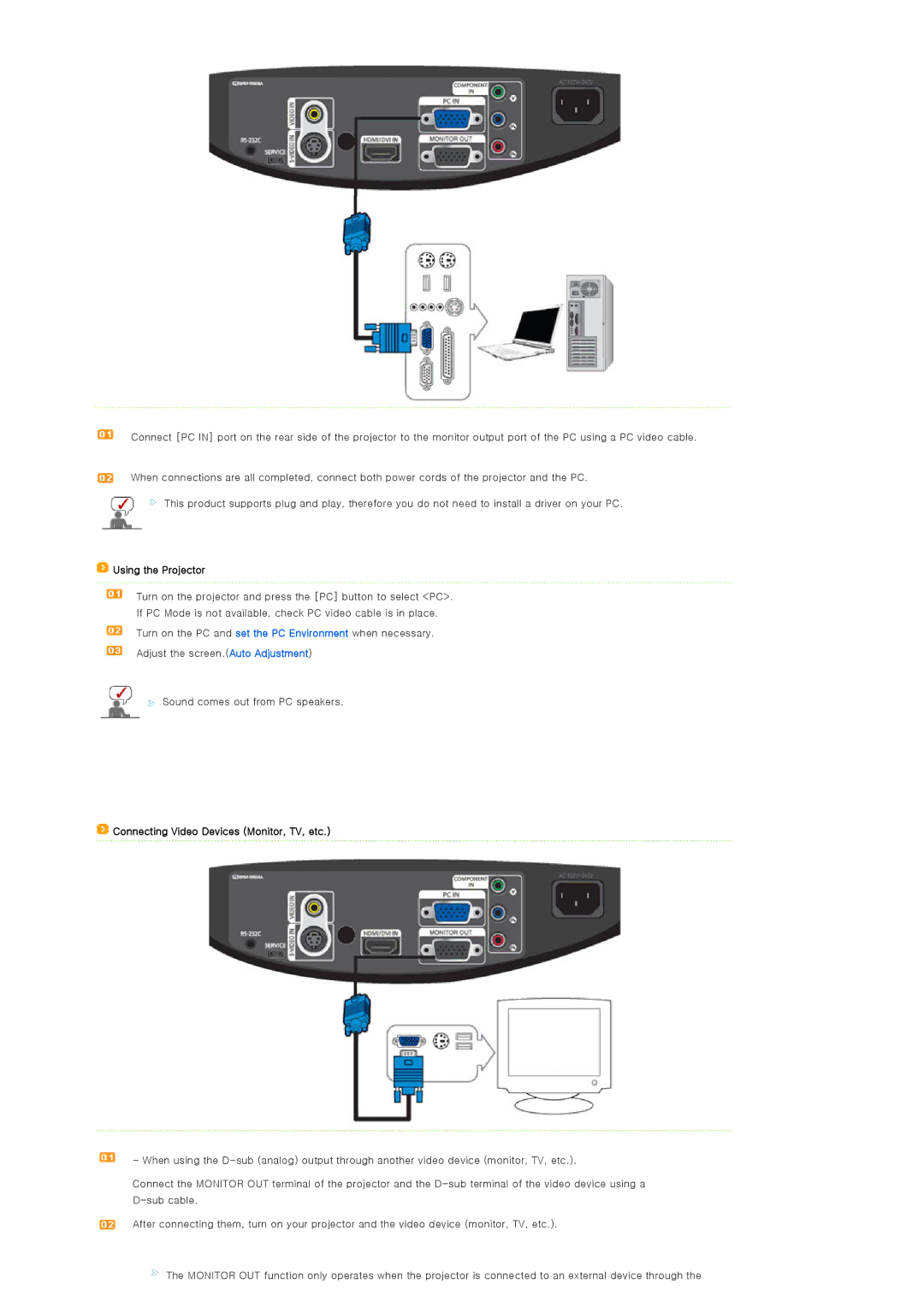 Samsung SP-D300B manual Connecting Video Devices Monitor, TV, etc 