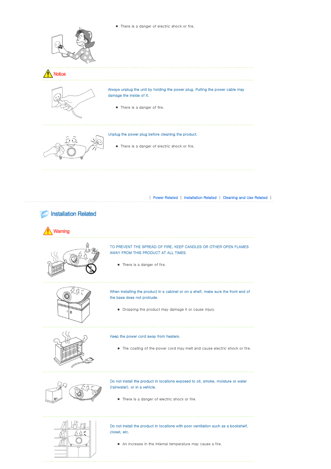 Samsung SP-D300B manual Keep the power cord away from heaters 