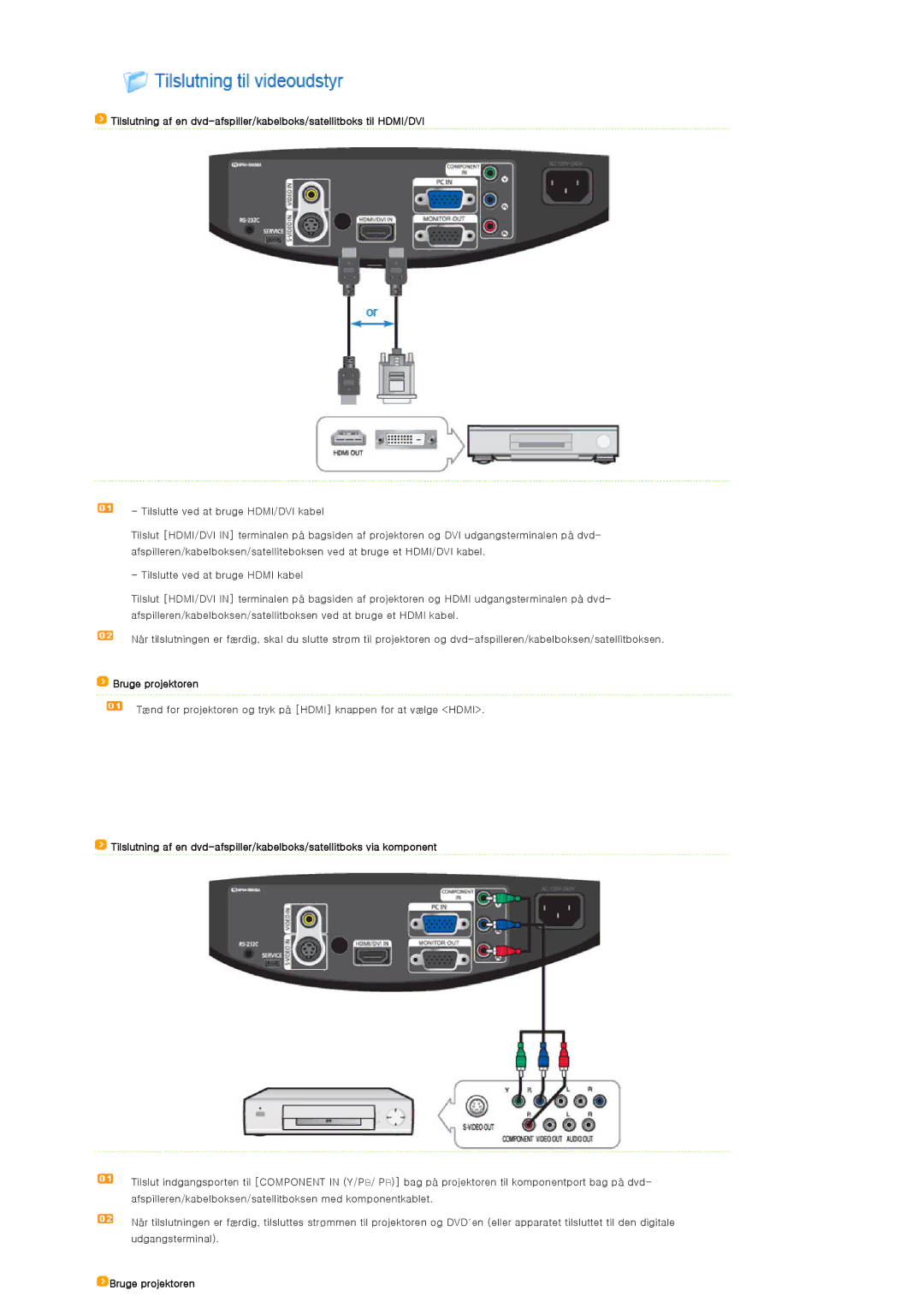 Samsung SP-D300BX manual Bruge projektoren 