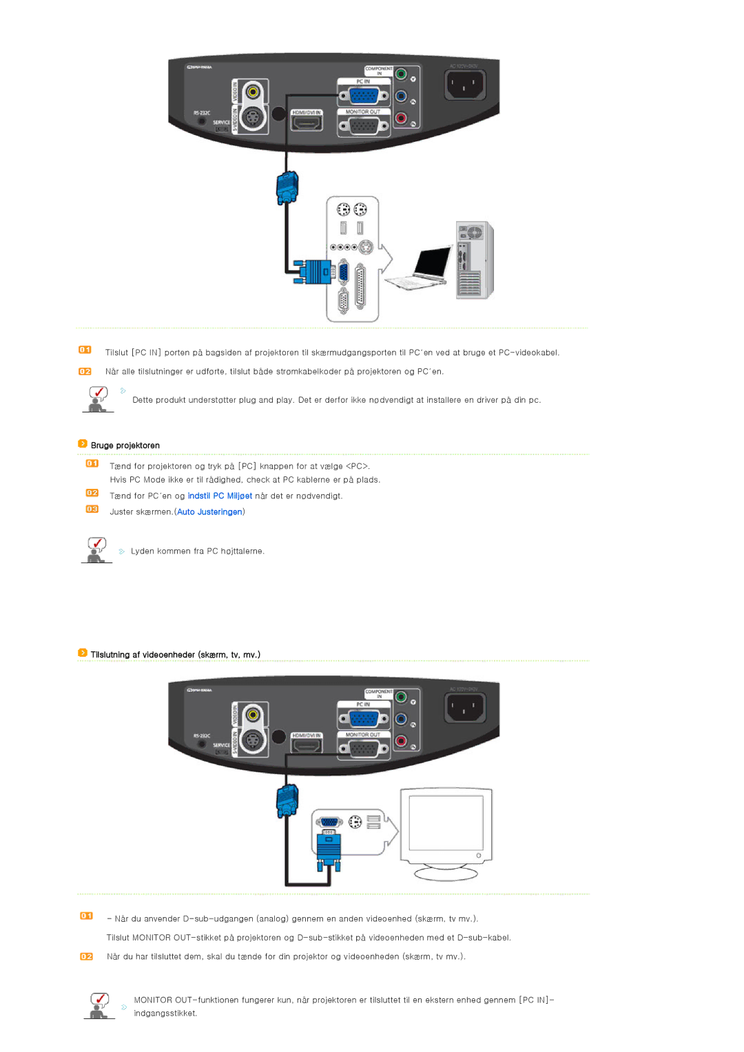 Samsung SP-D300BX manual Tilslutning af videoenheder skærm, tv, mv 