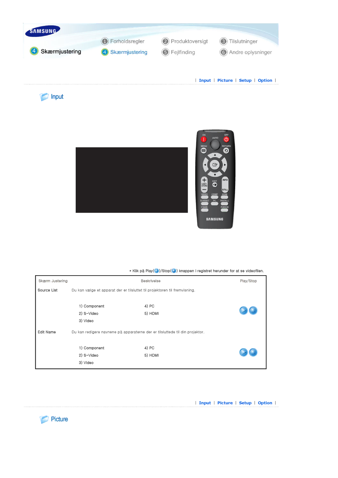 Samsung SP-D300BX manual Skærm Justering Beskrivelse, Component Video 