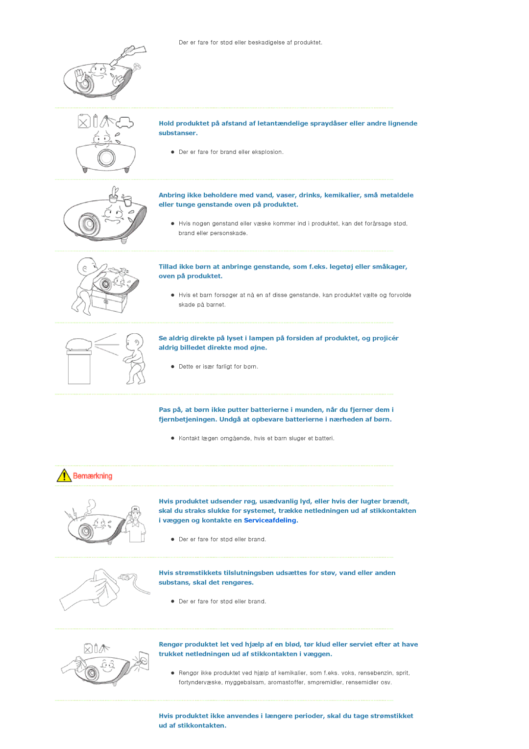 Samsung SP-D300BX manual Der er fare for stød eller beskadigelse af produktet 