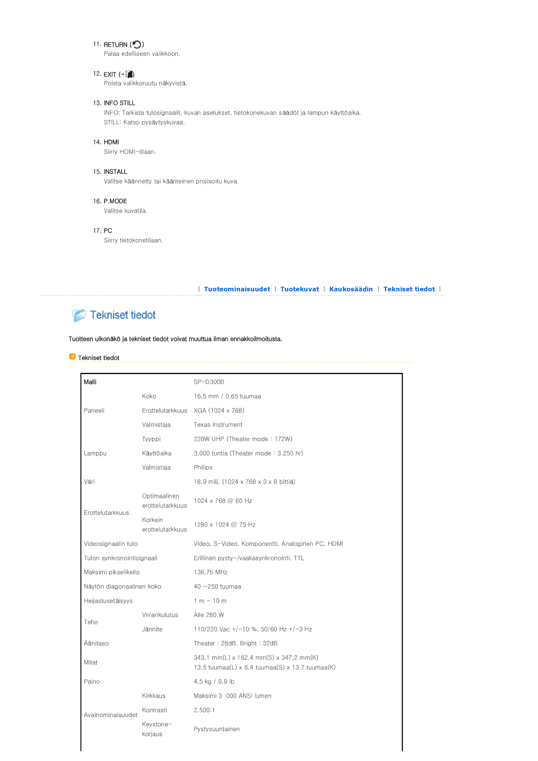 Samsung SP-D300BX manual Return, Exit, Hdmi, 17. PC, Malli 