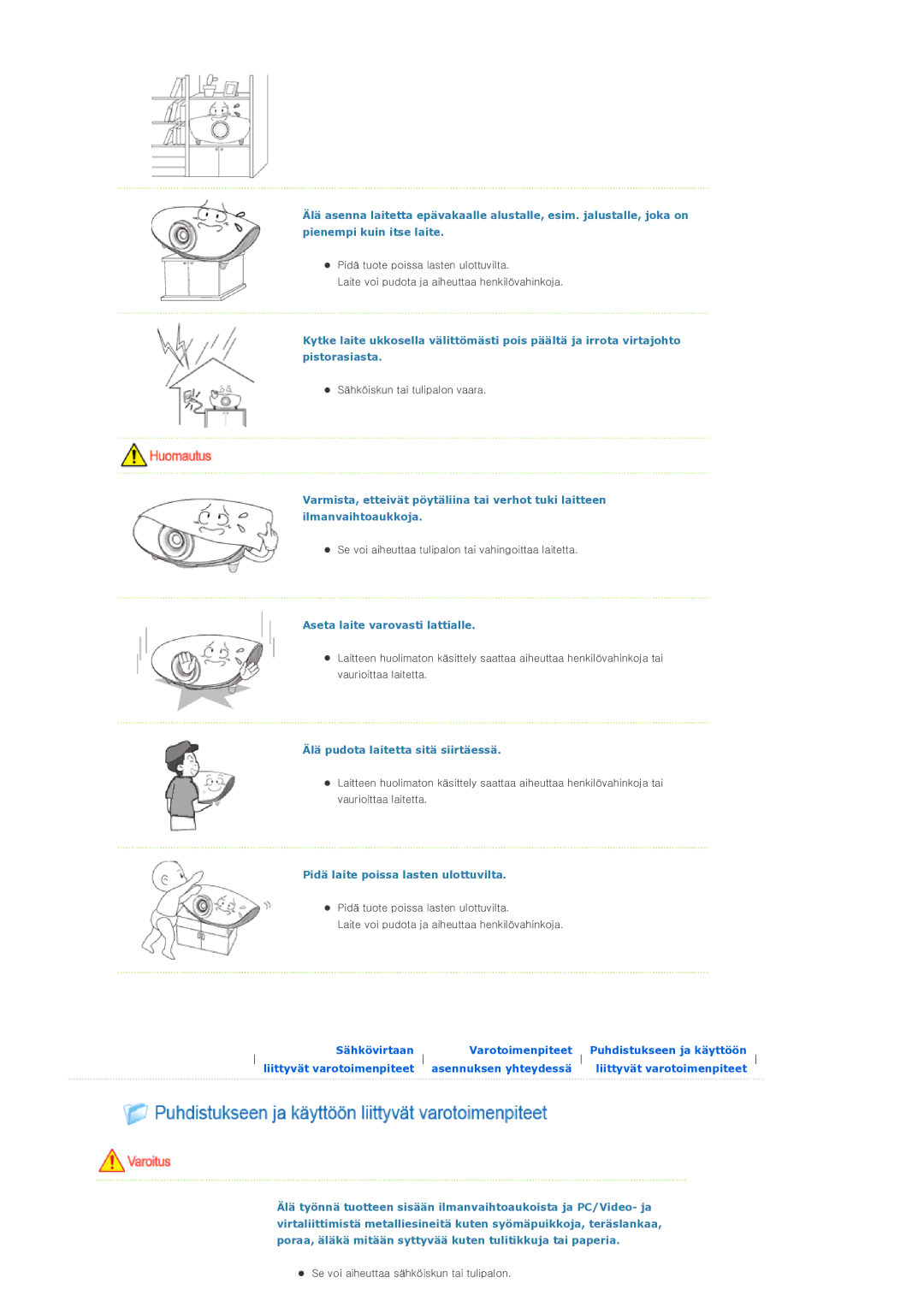 Samsung SP-D300BX manual Aseta laite varovasti lattialle, Älä pudota laitetta sitä siirtäessä 