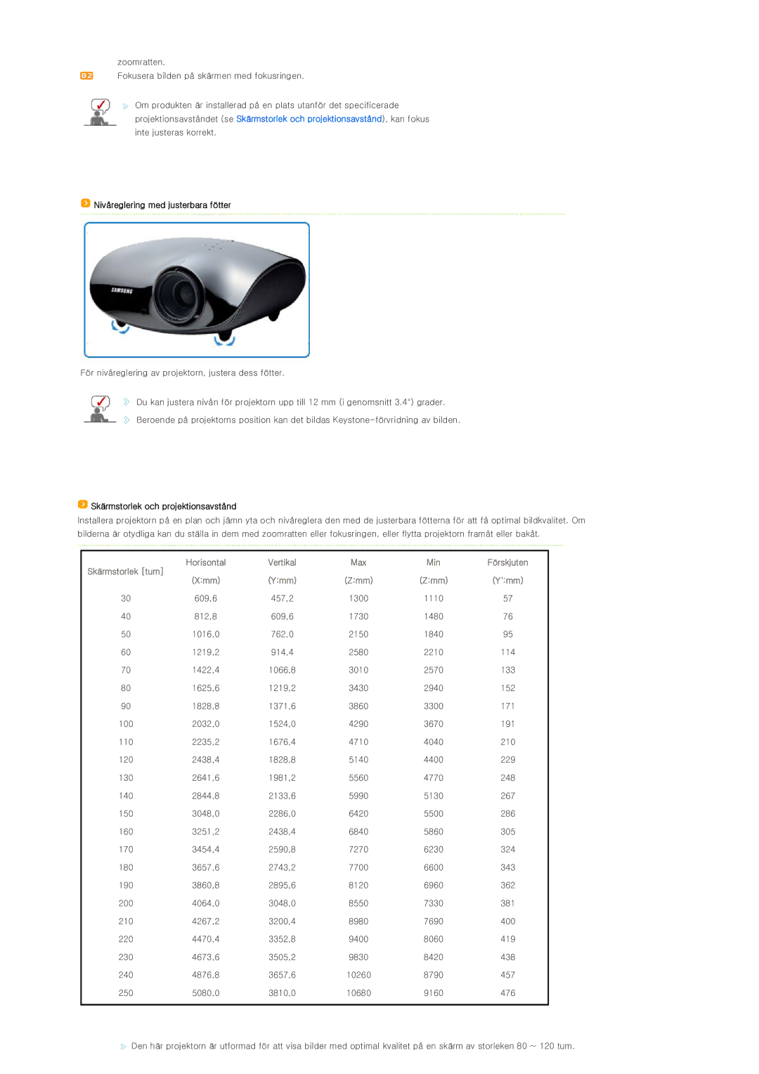 Samsung SP-D300BX manual Nivåreglering med justerbara fötter, Skärmstorlek och projektionsavstånd 