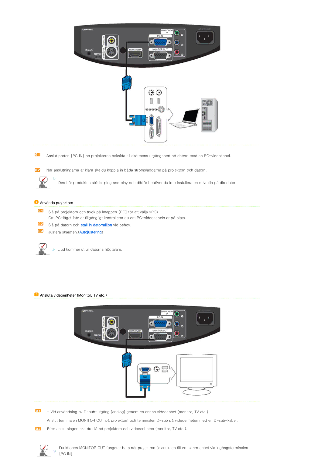 Samsung SP-D300BX manual Ansluta videoenheter Monitor, TV etc 