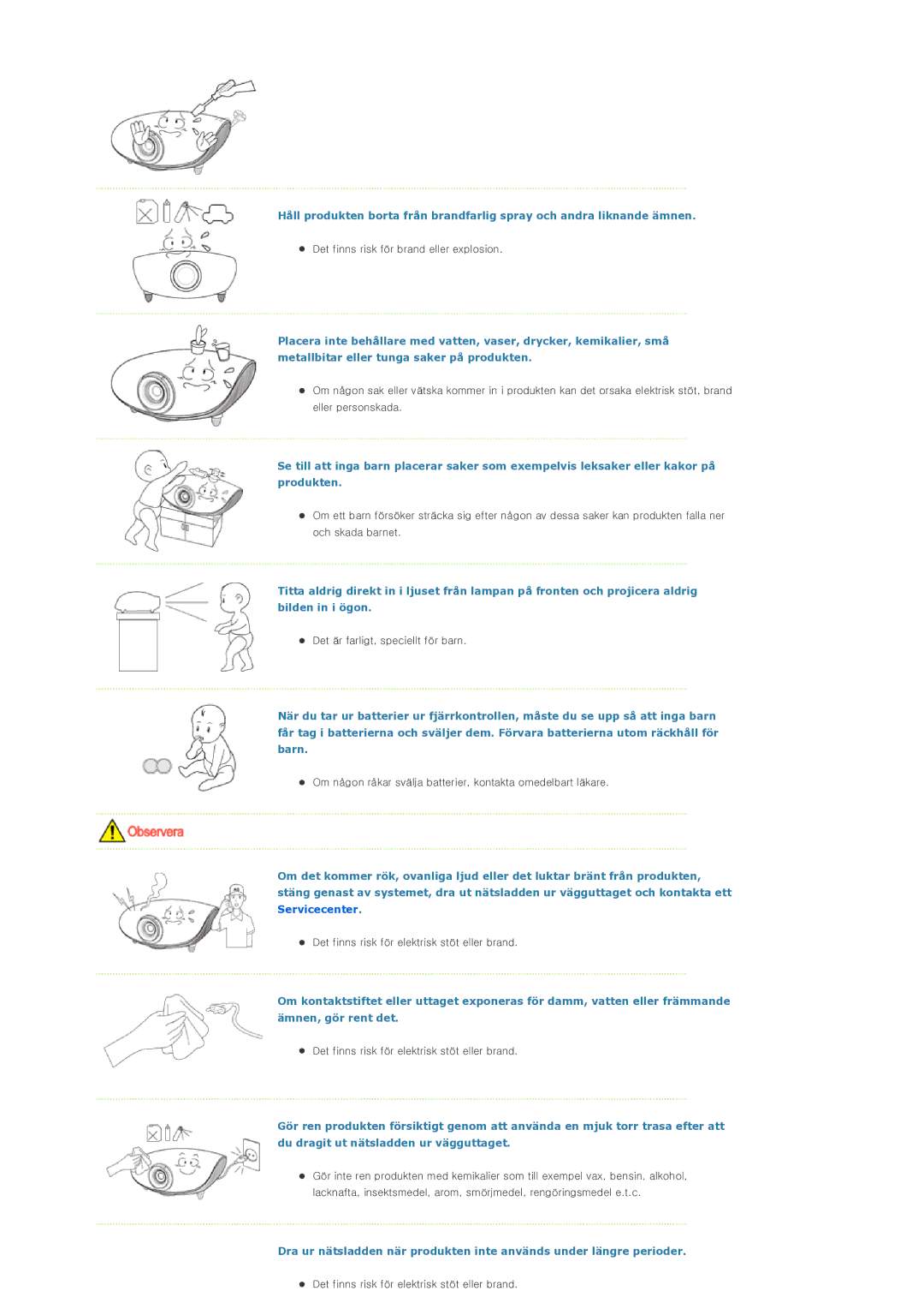 Samsung SP-D300BX manual Det finns risk för brand eller explosion 