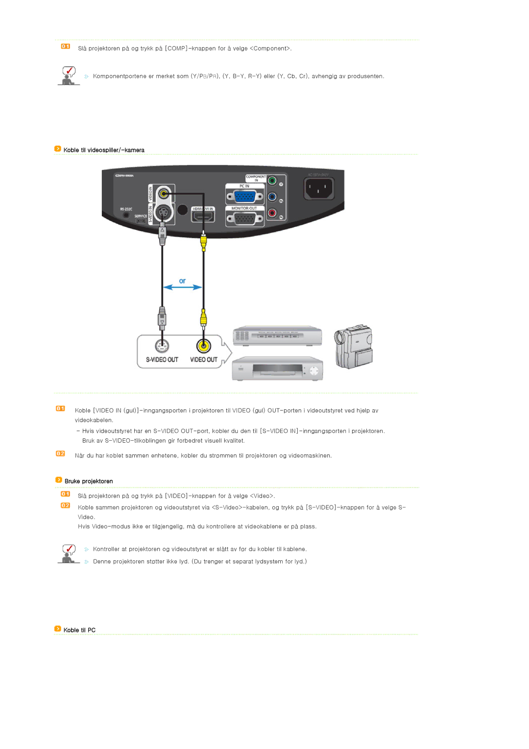 Samsung SP-D300BX manual Koble til videospiller/-kamera, Koble til PC 