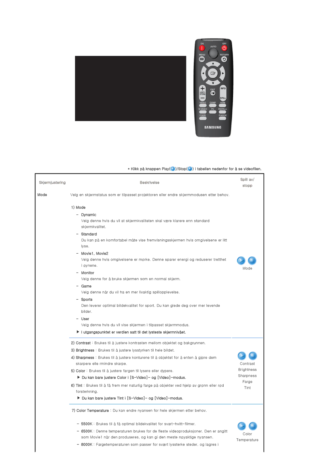 Samsung SP-D300BX manual Skjermjustering, Spill av Stopp 