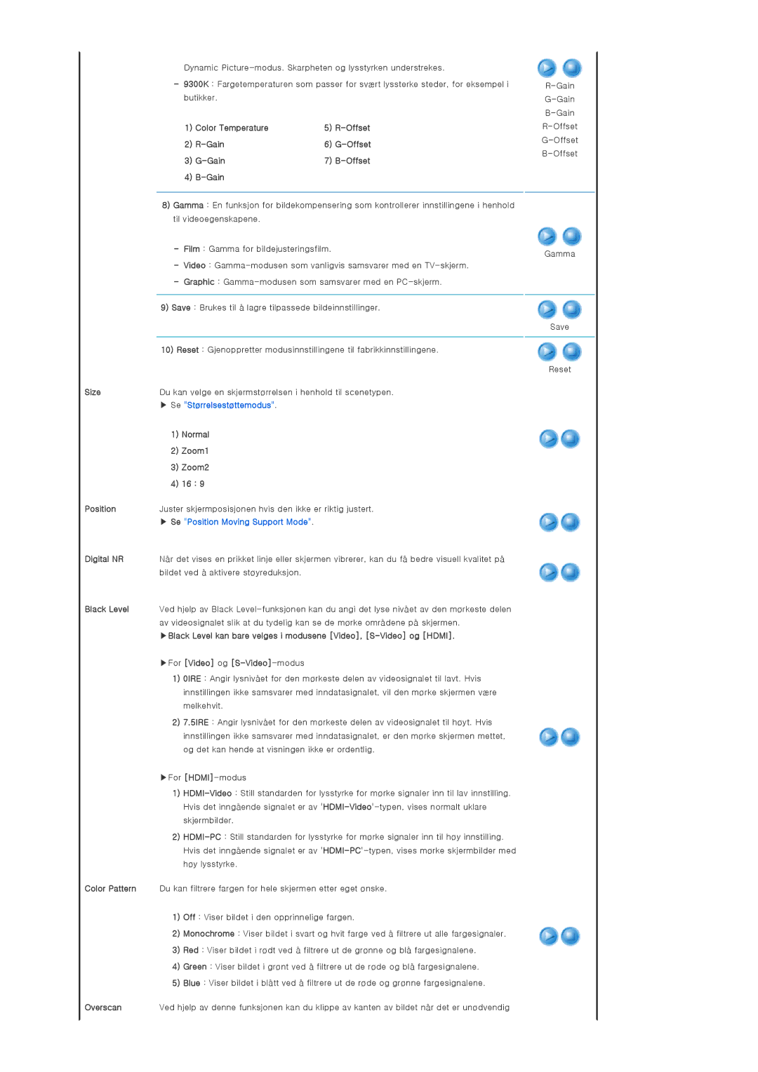 Samsung SP-D300BX manual Color Temperature Offset Gain, Normal, Zoom1, Zoom2, For Video og S-Video-modus 