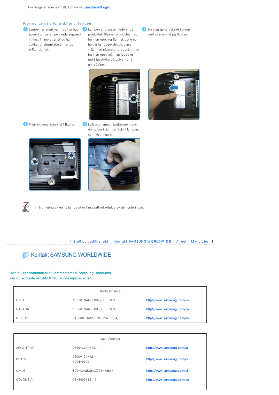 Samsung SP-D300BX manual Fremgangsmåte for å skifte ut lampen, North America, Latin America 