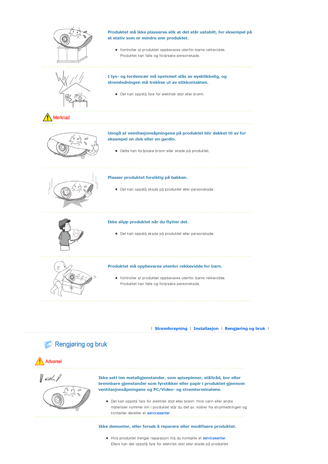 Samsung SP-D300BX manual Plasser produktet forsiktig på bakken, Ikke slipp produktet når du flytter det 