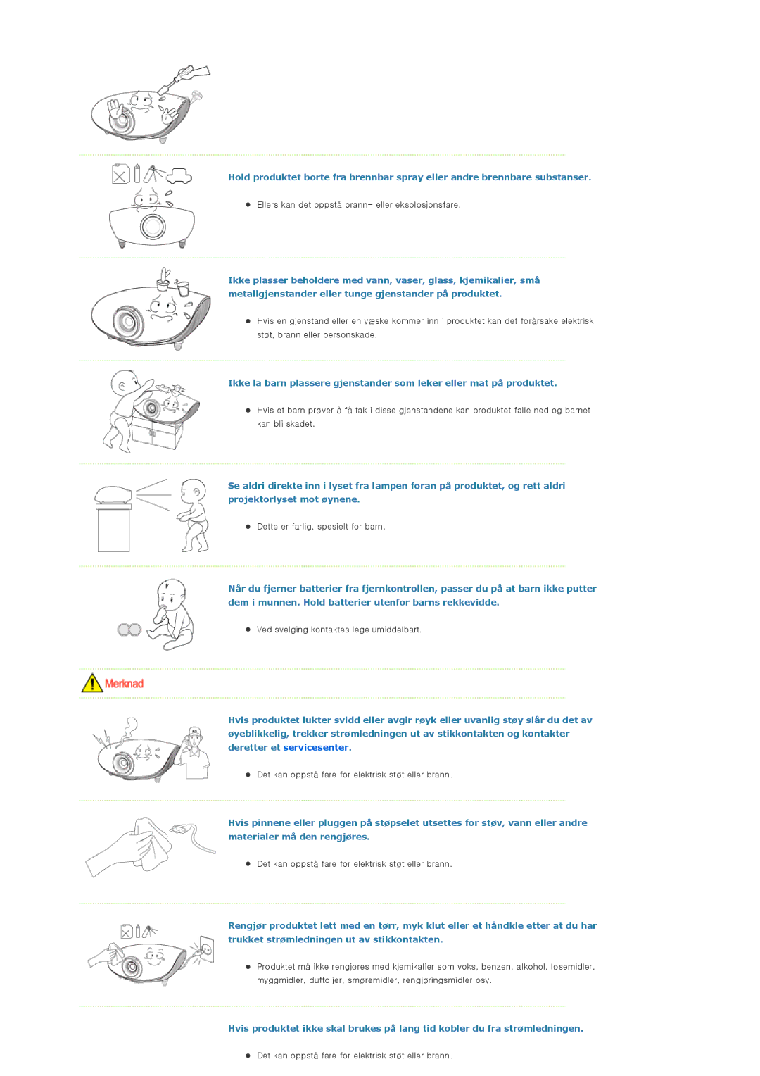 Samsung SP-D300BX manual Ellers kan det oppstå brann- eller eksplosjonsfare 