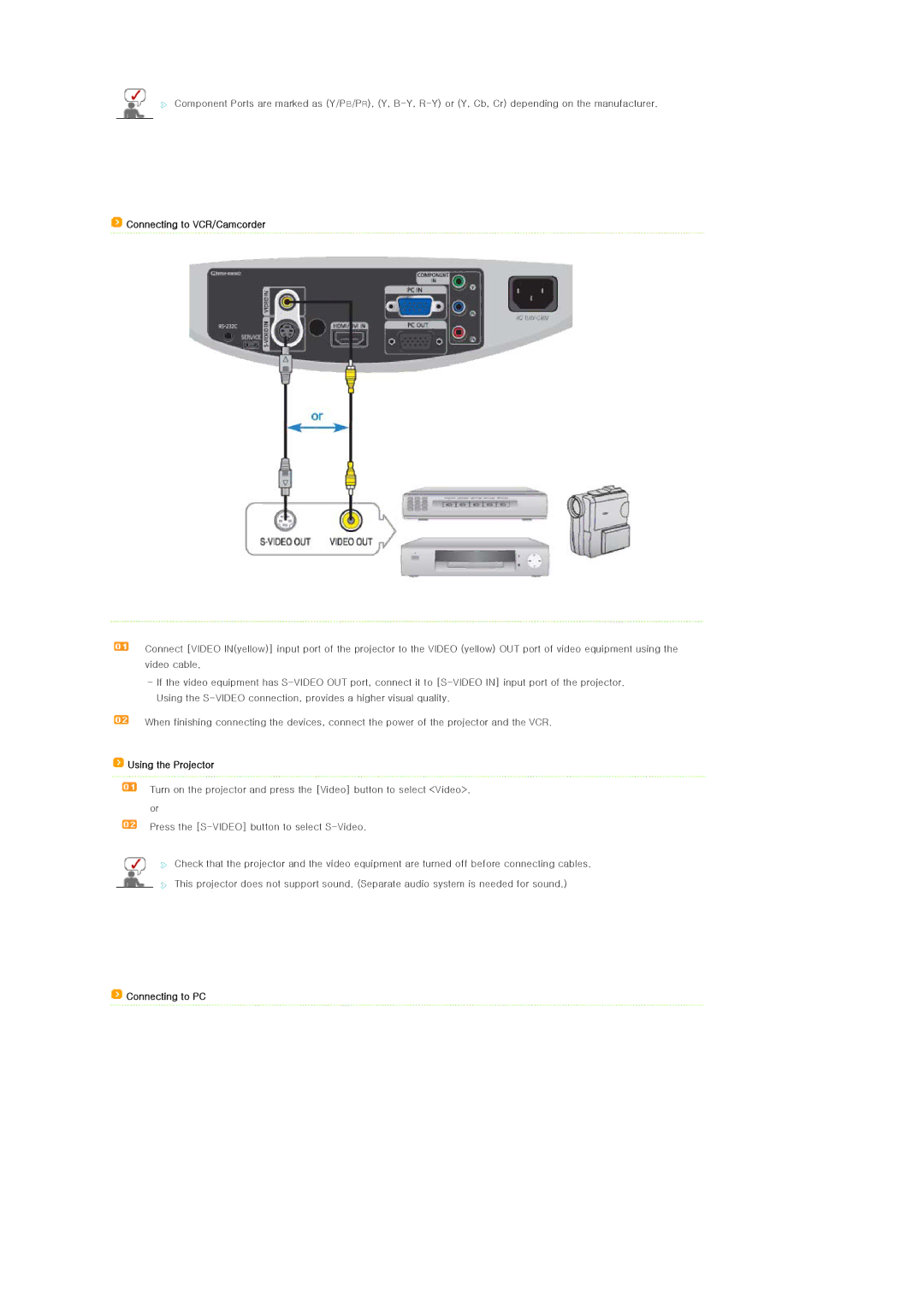 Samsung SP-D400 manual Connecting to VCR/Camcorder 