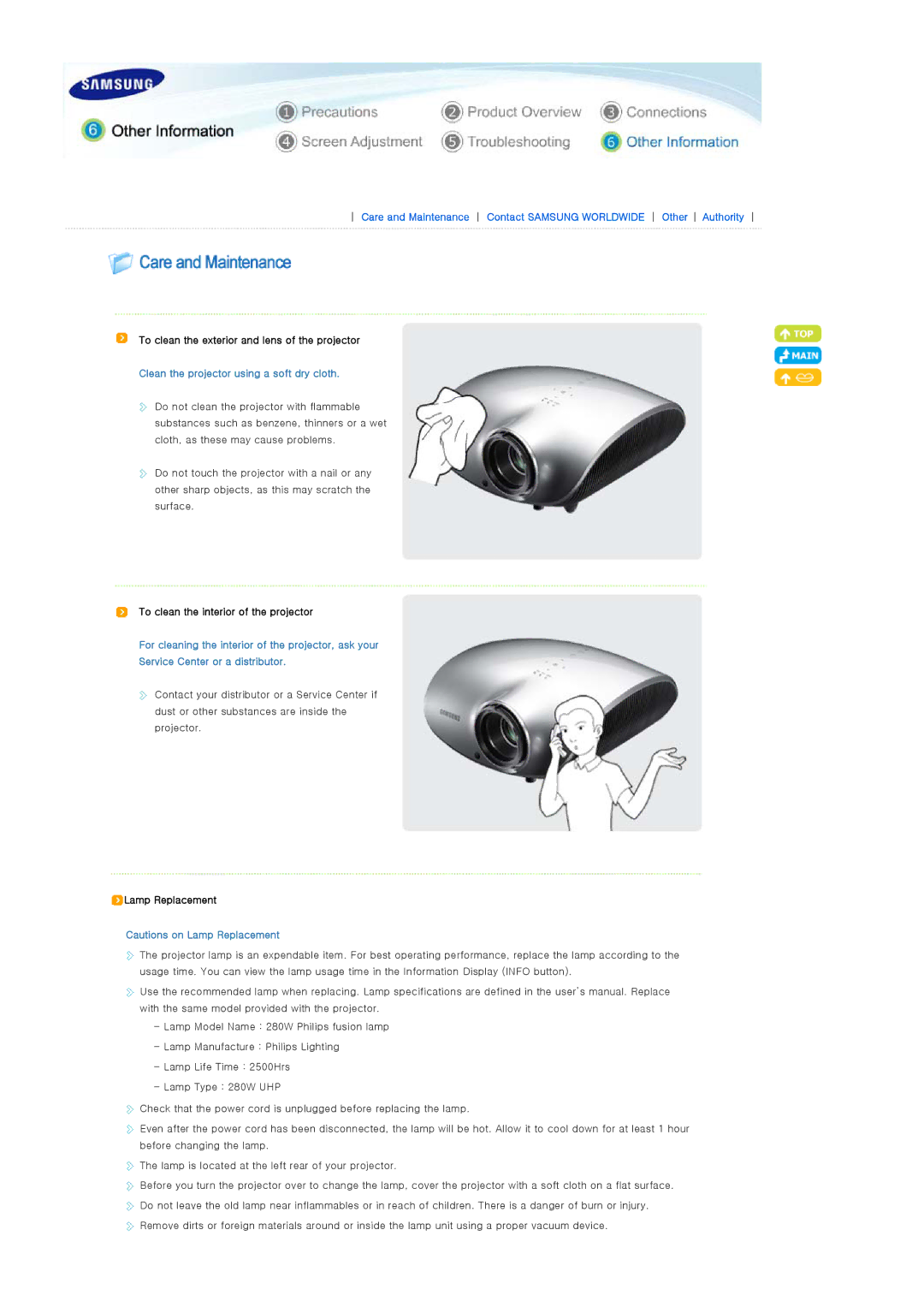 Samsung SP-D400 manual Clean the projector using a soft dry cloth, Lamp Replacement 