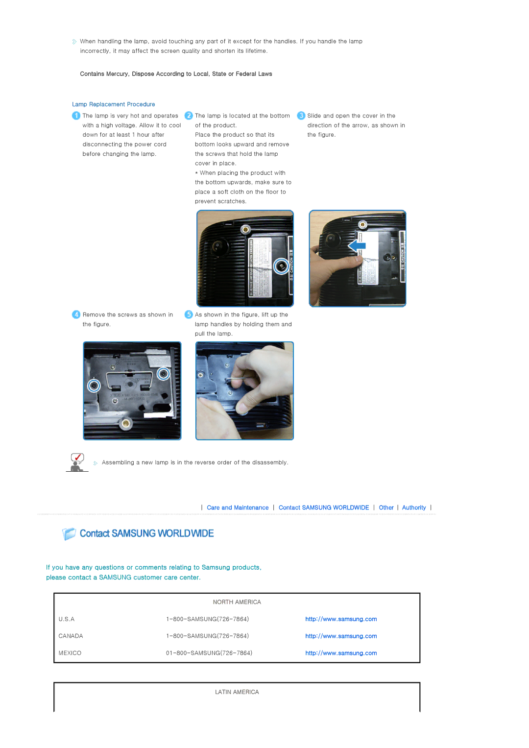 Samsung SP-D400 manual Lamp Replacement Procedure, Latin America 