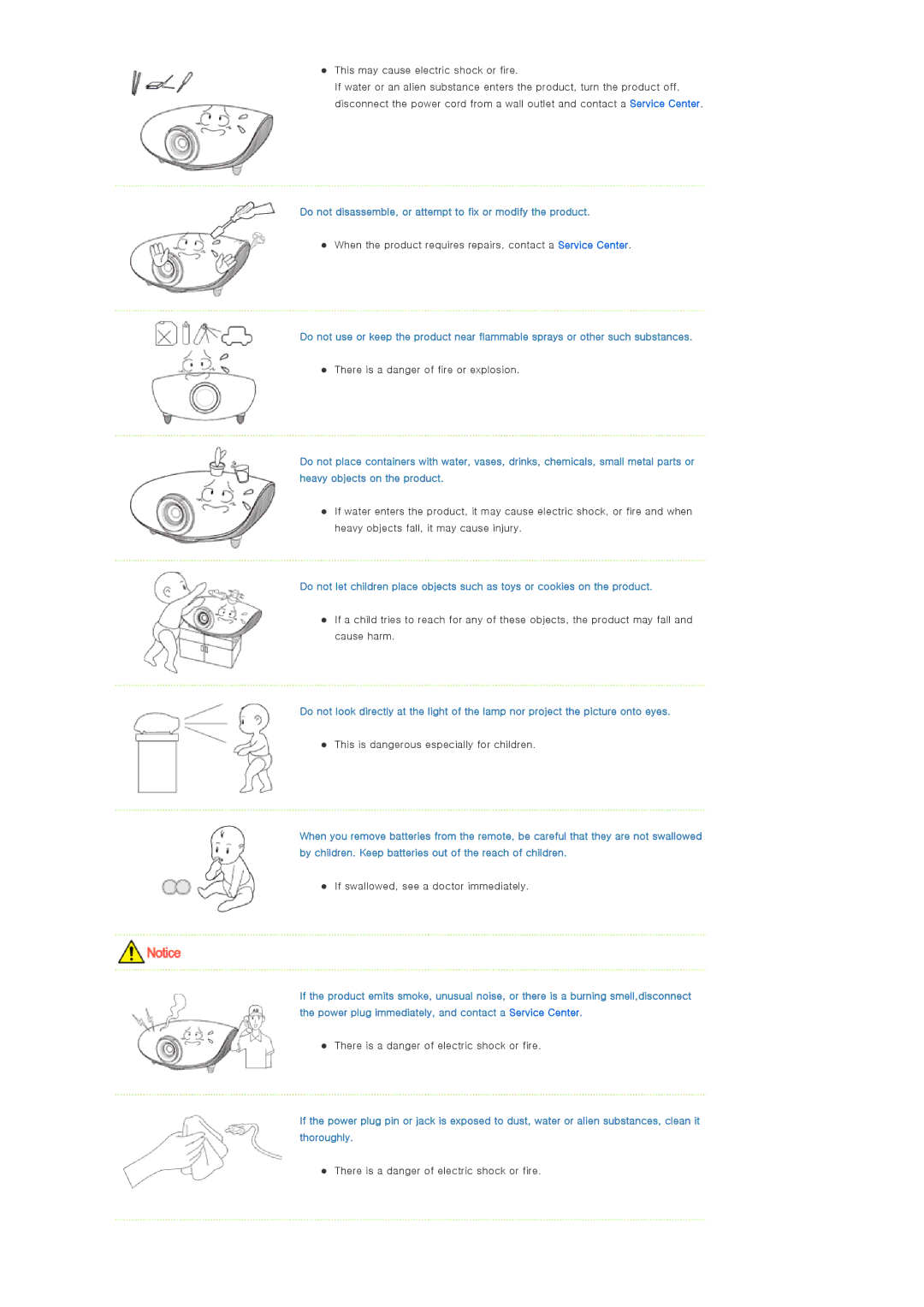 Samsung SP-D400 manual Do not disassemble, or attempt to fix or modify the product, If swallowed, see a doctor immediately 