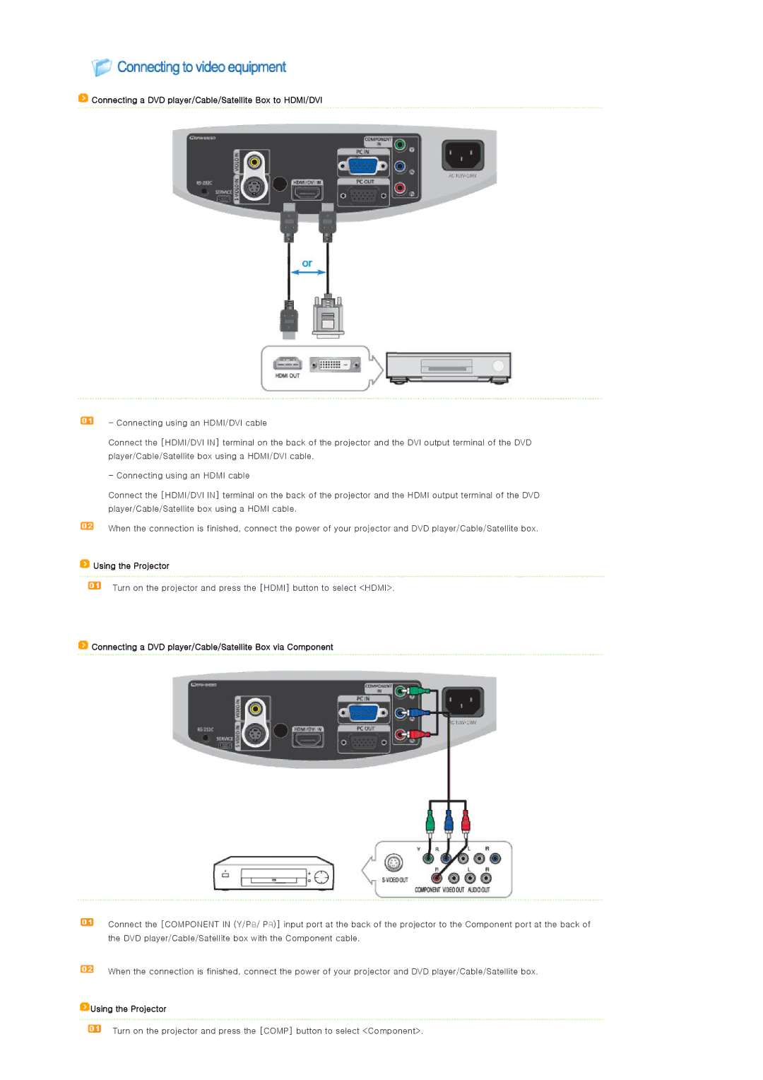 Samsung SP-D400S manual Connecting a DVD player/Cable/Satellite Box to HDMI/DVI, Using the Projector 