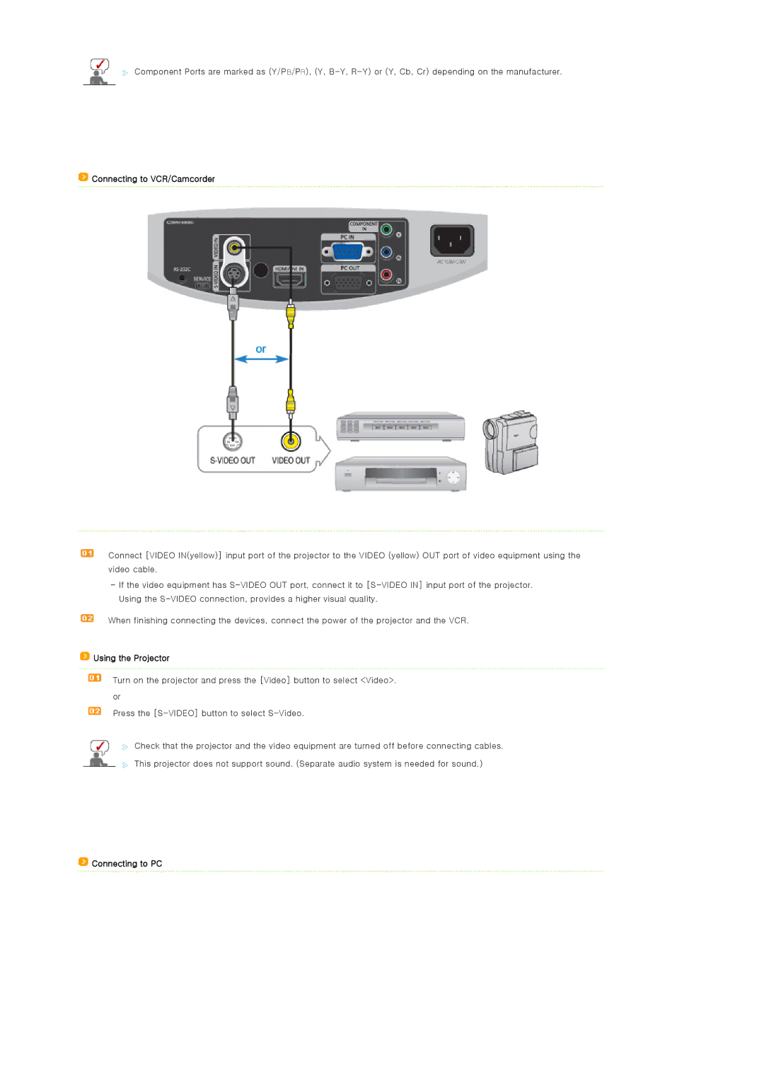 Samsung SP-D400S manual Connecting to VCR/Camcorder, Connecting to PC 