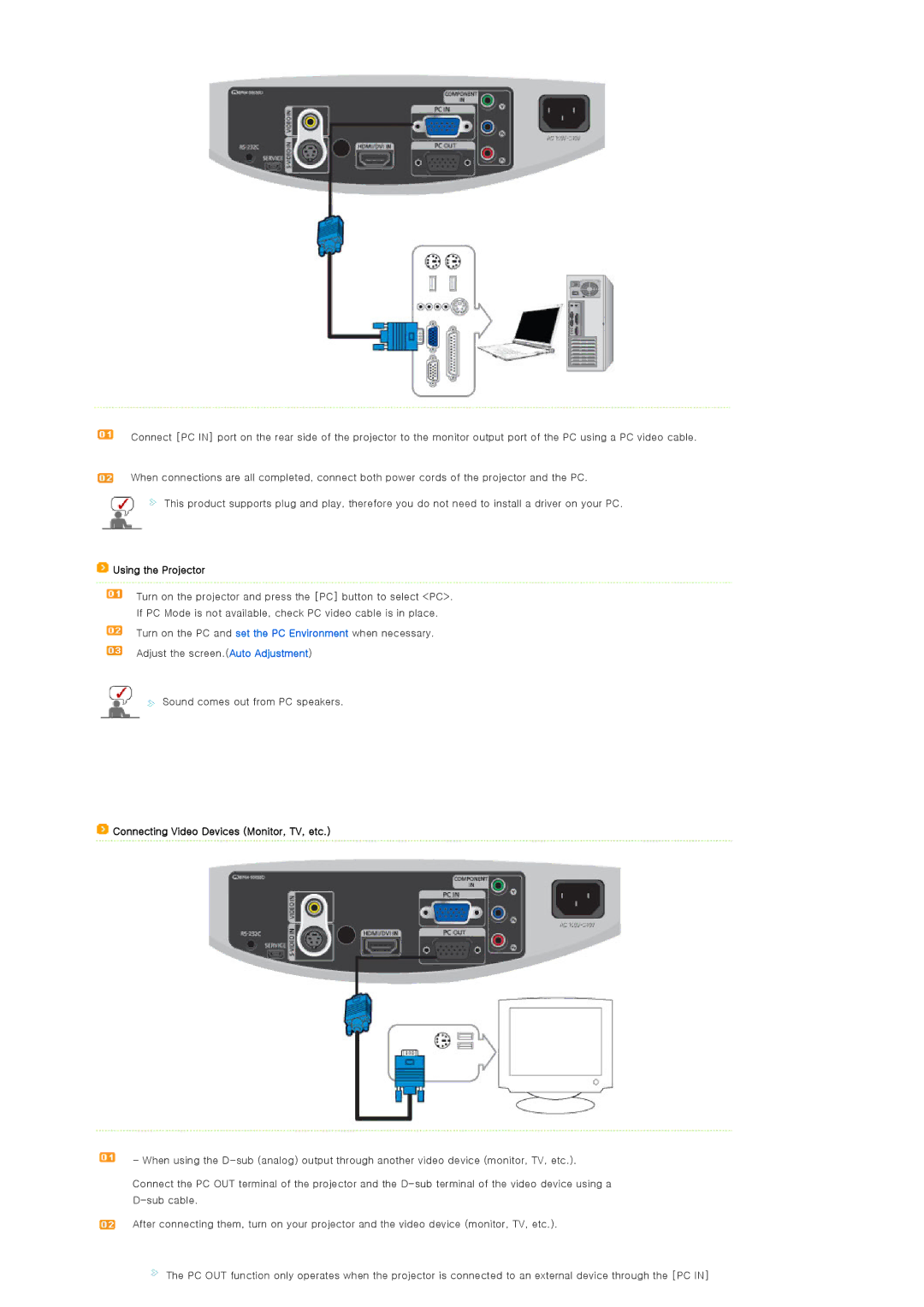 Samsung SP-D400S manual Connecting Video Devices Monitor, TV, etc 