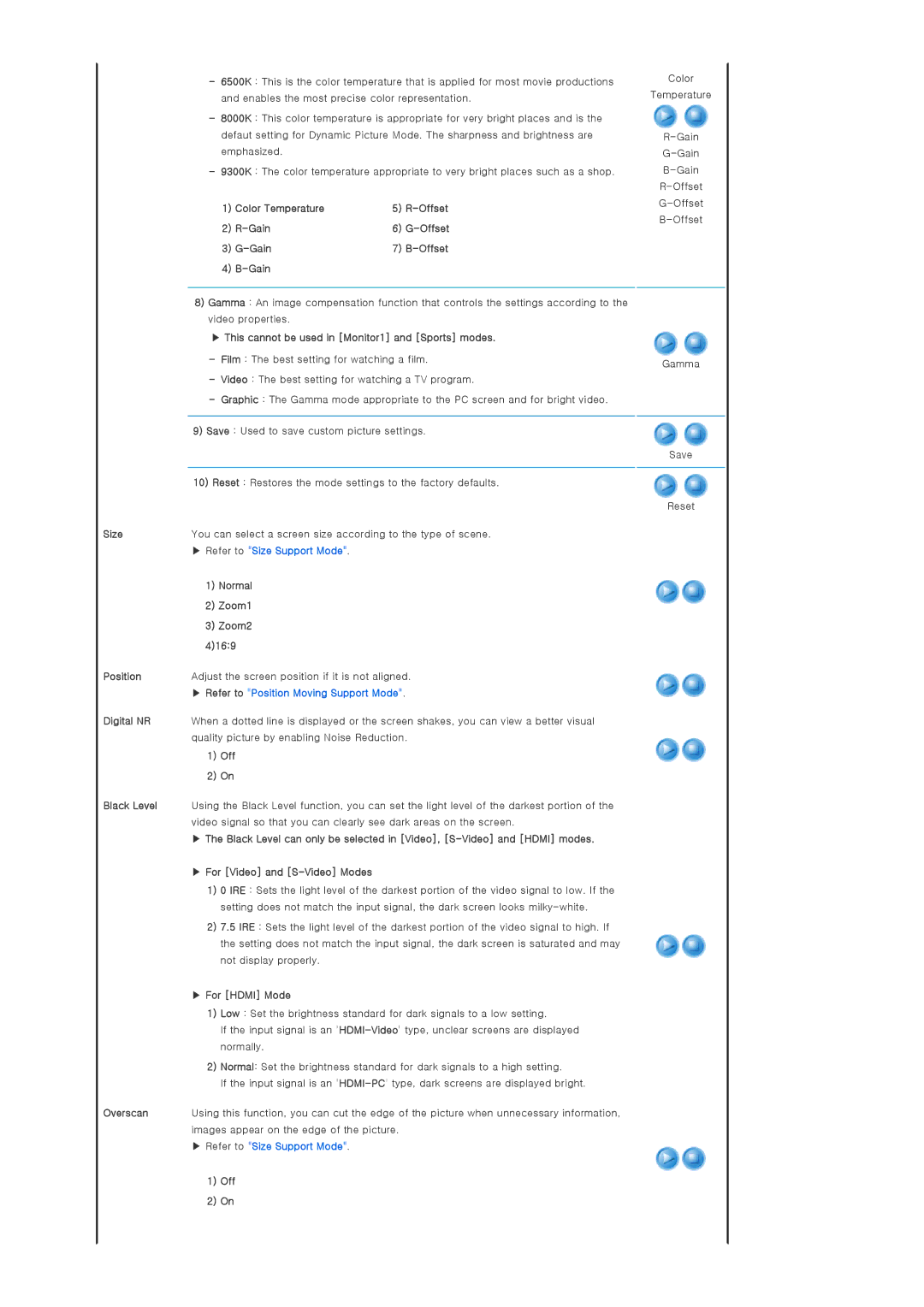 Samsung SP-D400S manual Color Temperature Offset Gain, Normal, Zoom1, Zoom2, 4169, Digital NR, For Hdmi Mode 