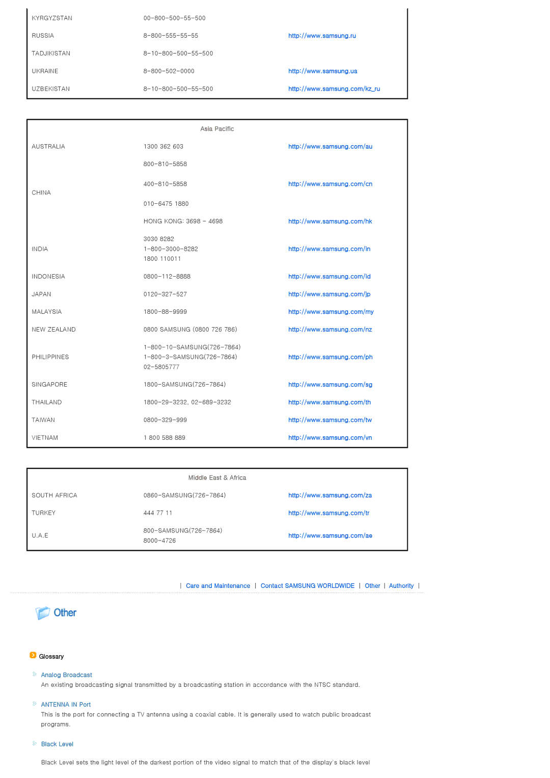 Samsung SP-D400S manual Asia Pacific, Middle East & Africa, Analog Broadcast, Antenna in Port, Black Level 