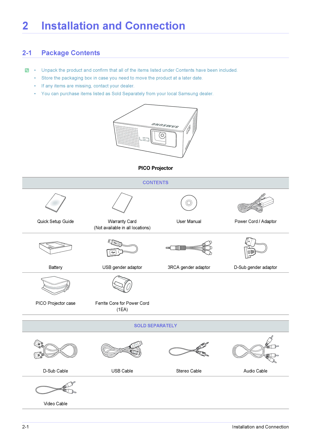 Samsung SP-H03 user manual Installation and Connection, Package Contents 