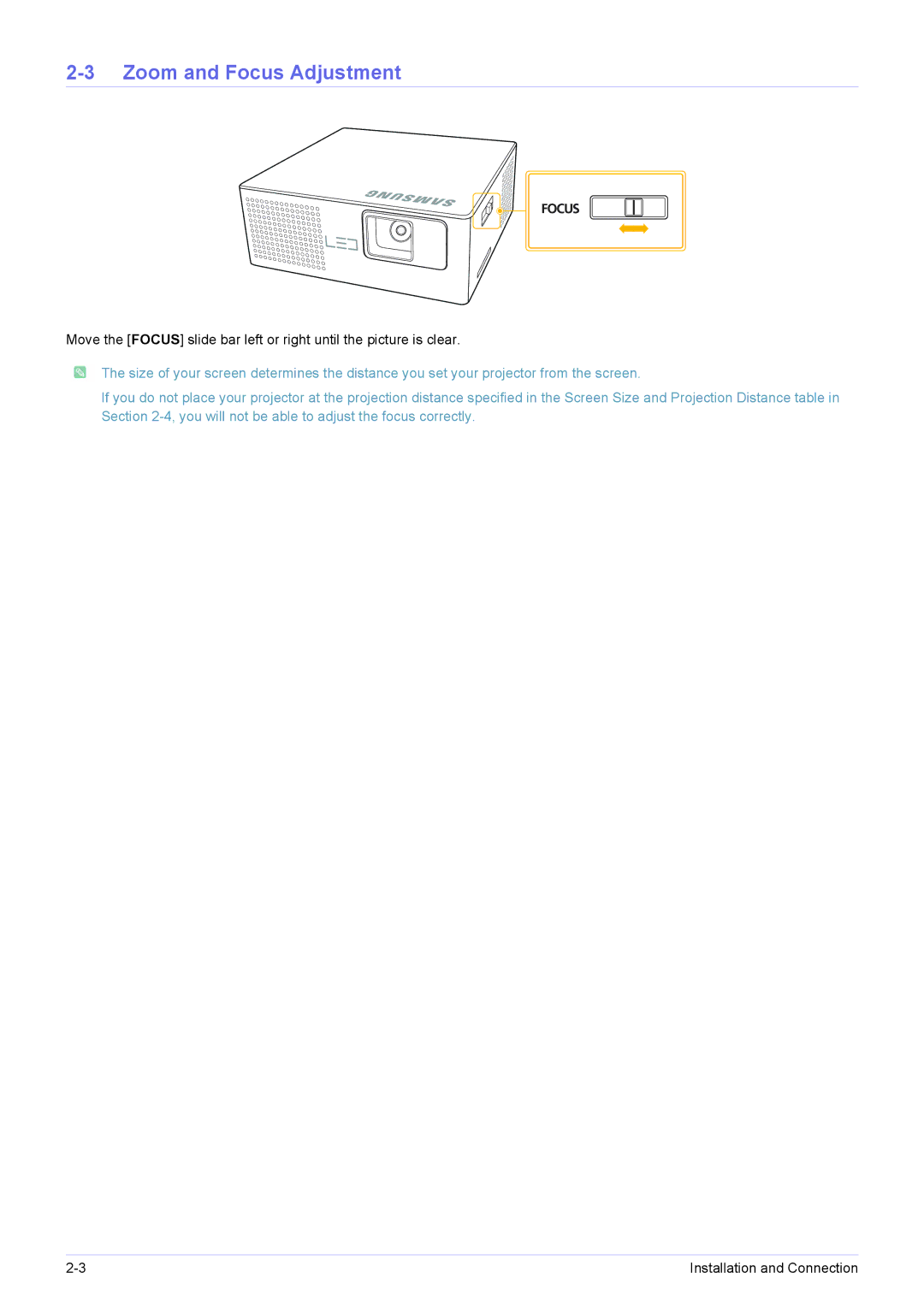 Samsung SP-H03 user manual Zoom and Focus Adjustment 