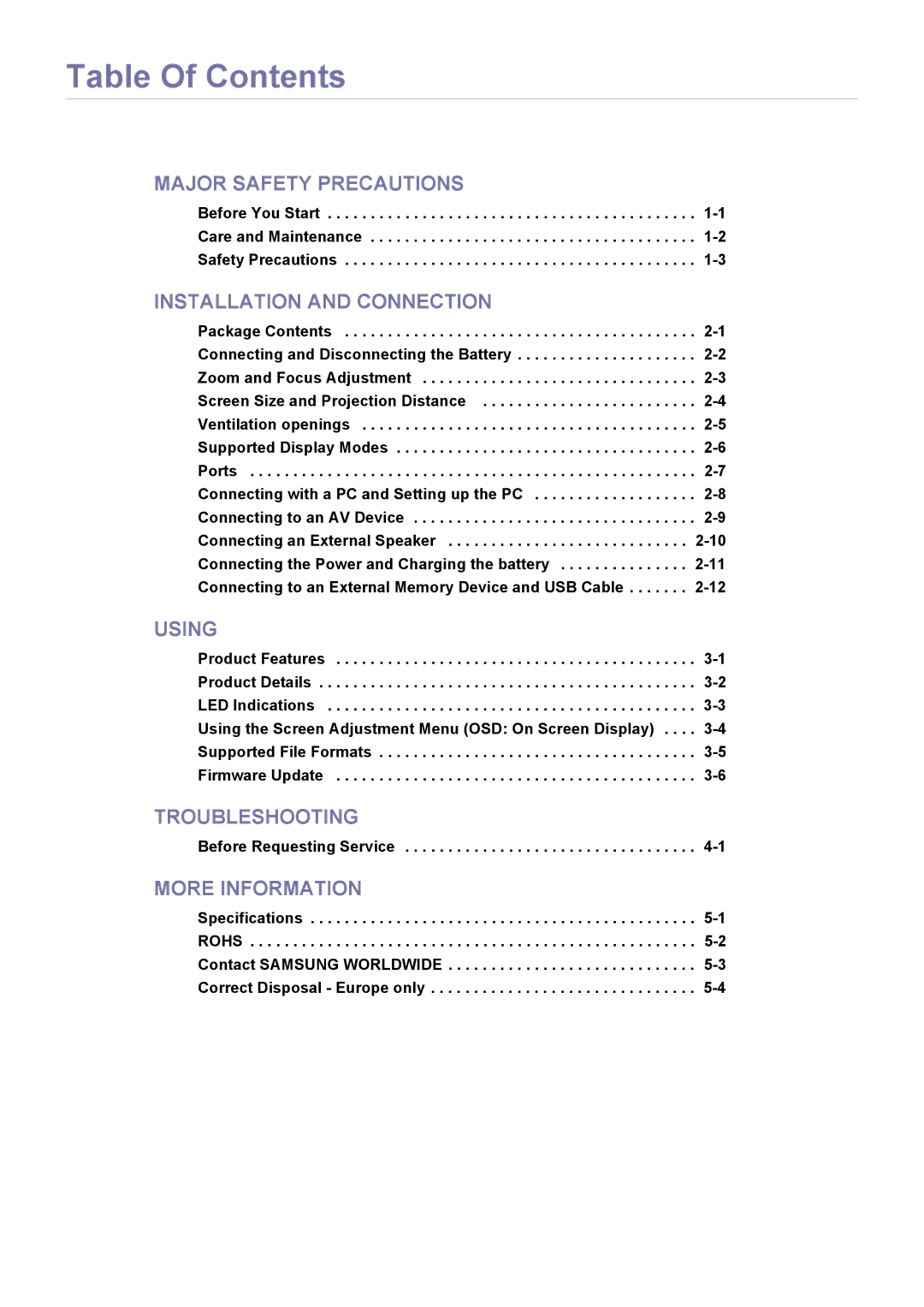 Samsung SP-H03 user manual Table Of Contents 