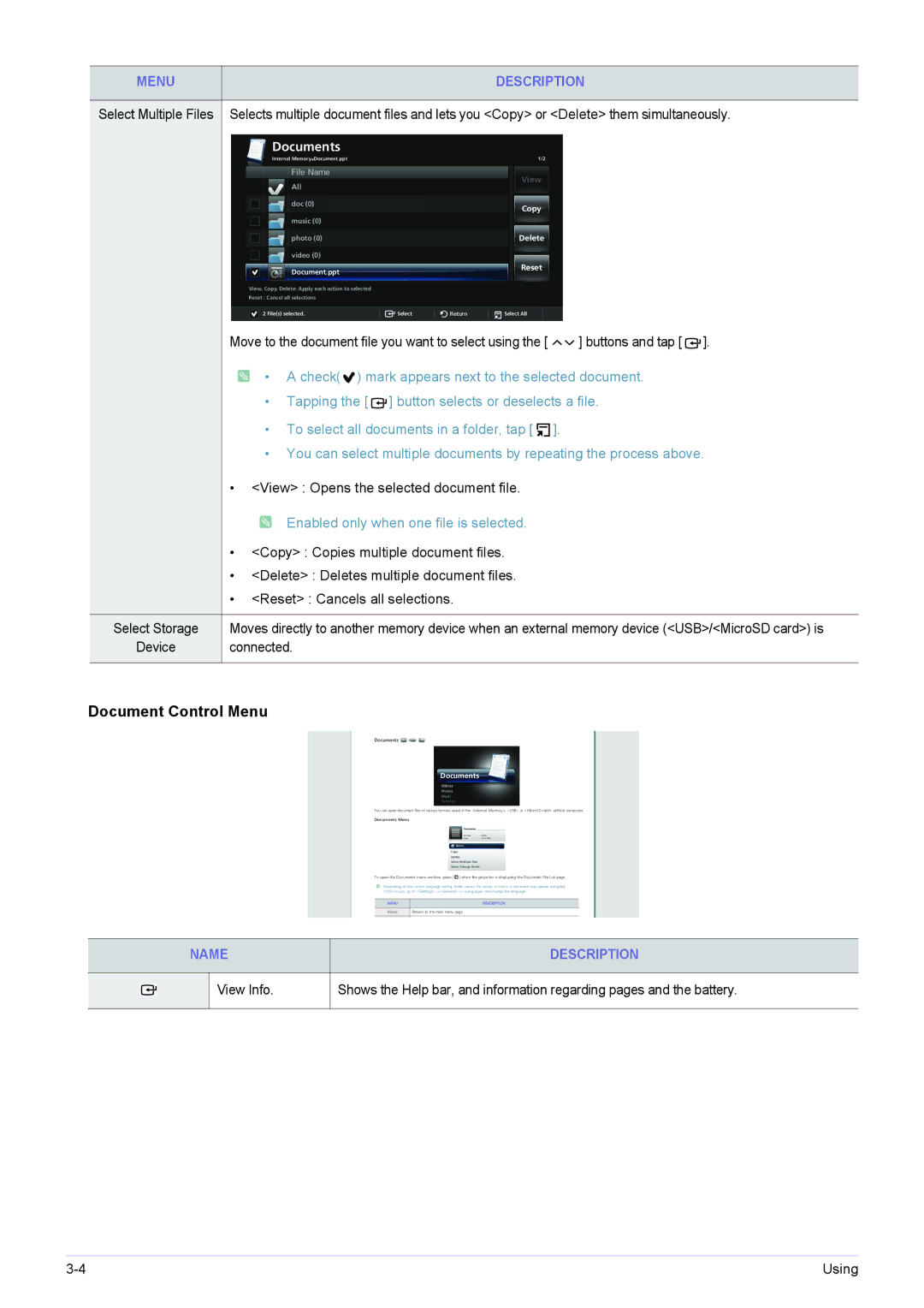 Samsung SP-H03 user manual Document Control Menu, Documents 