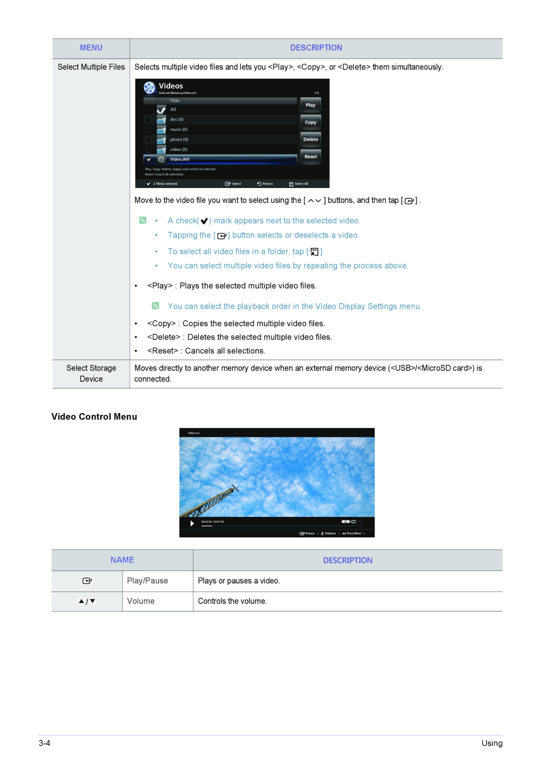 Samsung SP-H03 user manual Video Control Menu, Videos 