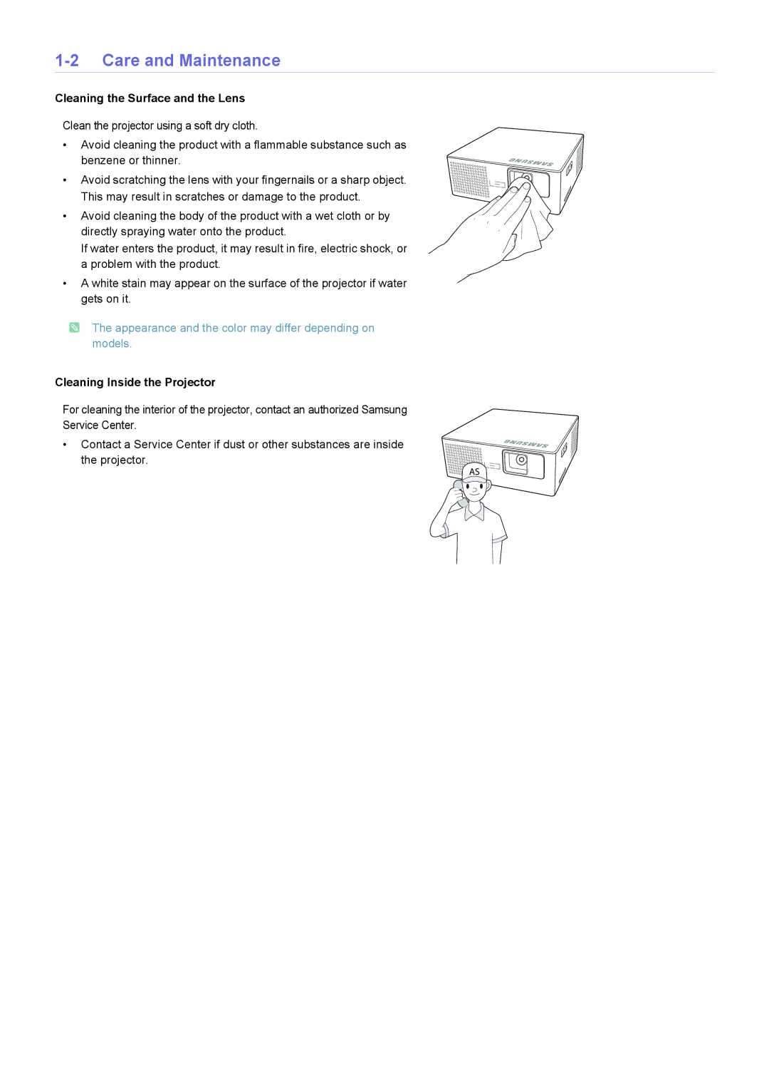 Samsung SP-H03 user manual Care and Maintenance, Cleaning the Surface and the Lens 