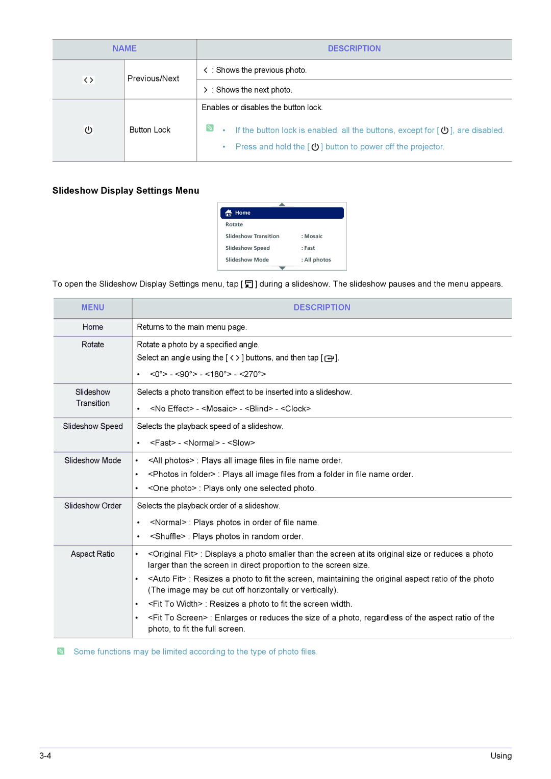 Samsung SP-H03 user manual Slideshow Display Settings Menu 