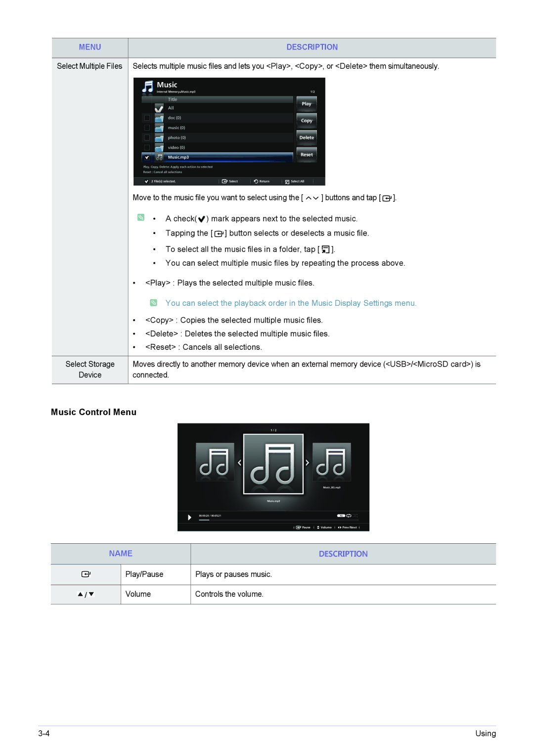 Samsung SP-H03 user manual Music Control Menu 