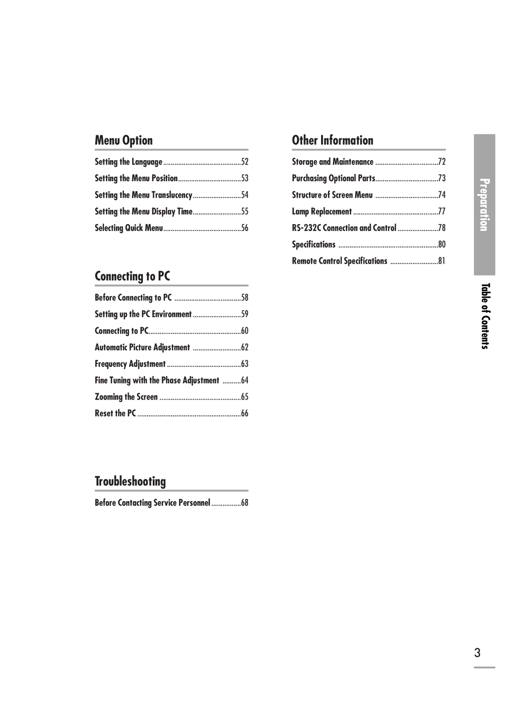 Samsung SP-H700, SP-H500, SP-H710 manual Menu Option, Table of Contents 