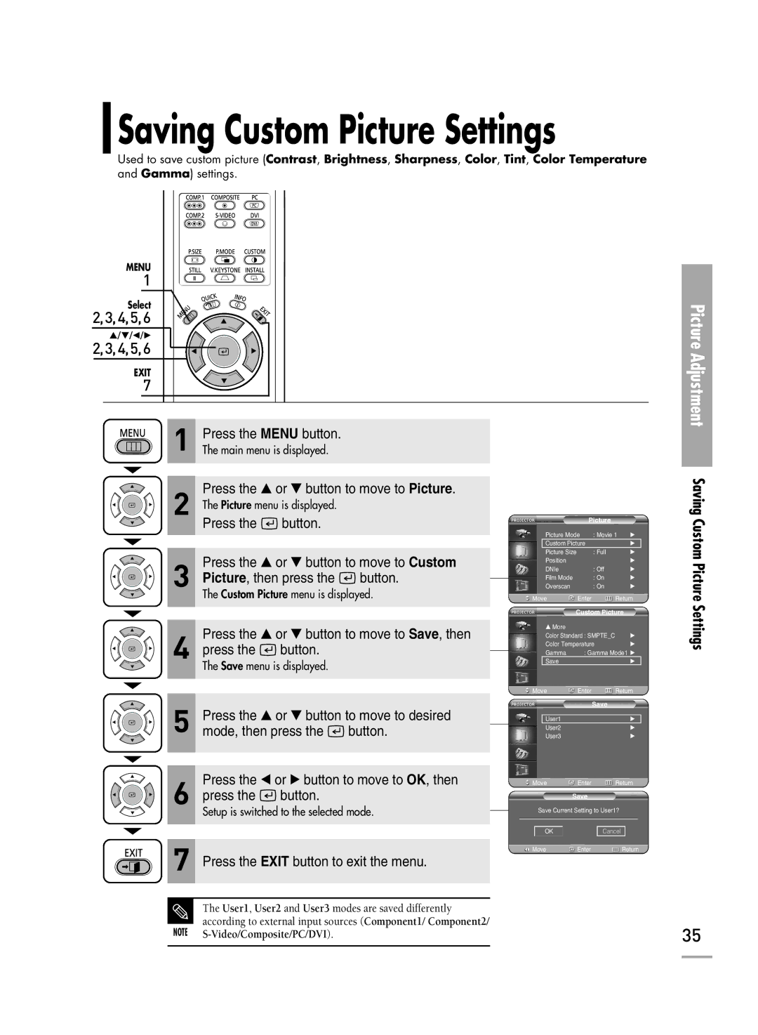 Samsung SP-H710, SP-H700, SP-H500 manual Saving Custom Picture Settings 