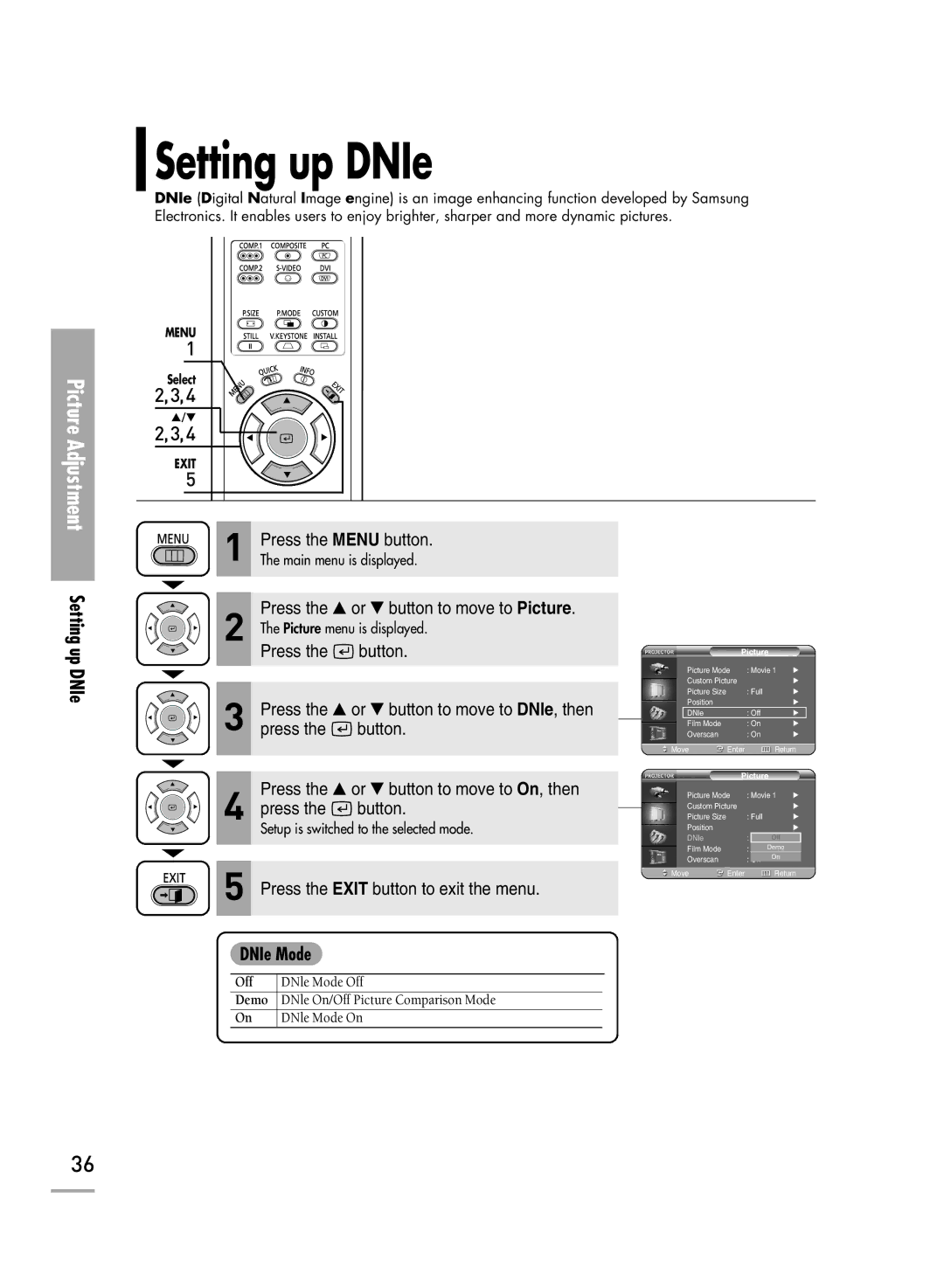 Samsung SP-H700, SP-H500, SP-H710 manual Setting up DNIe 