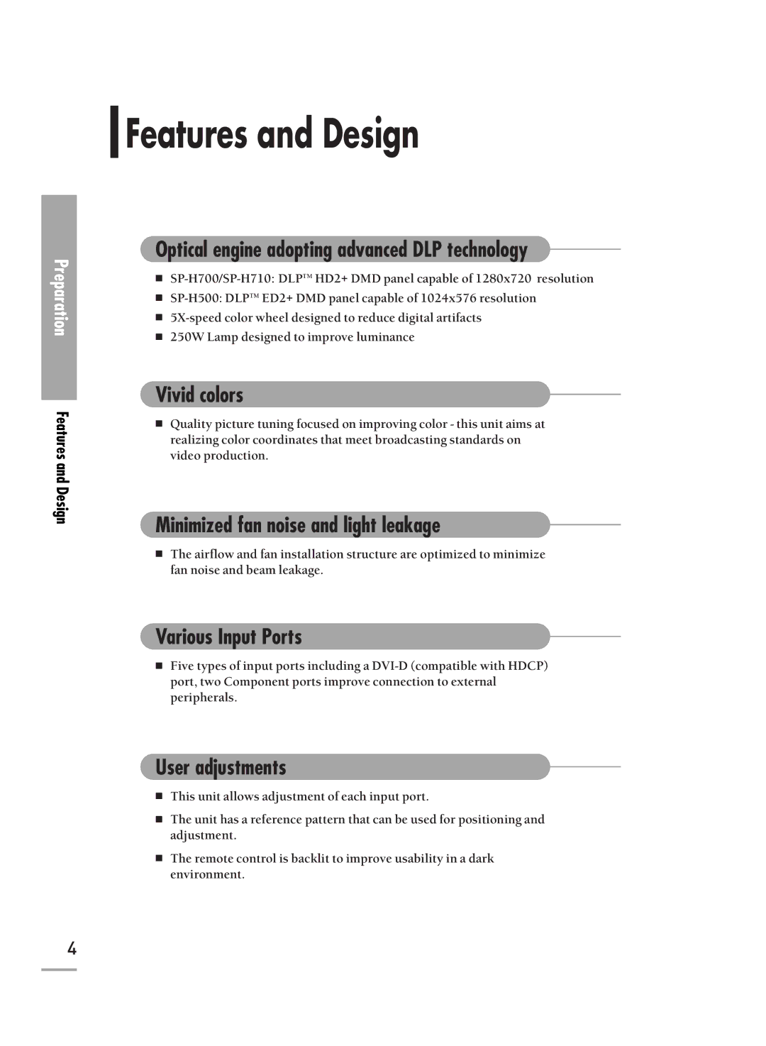 Samsung SP-H500, SP-H700, SP-H710 manual Features and Design 