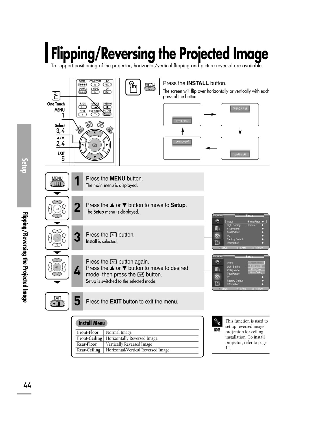 Samsung SP-H710, SP-H700, SP-H500 manual Flipping/Reversing the Projected Image 