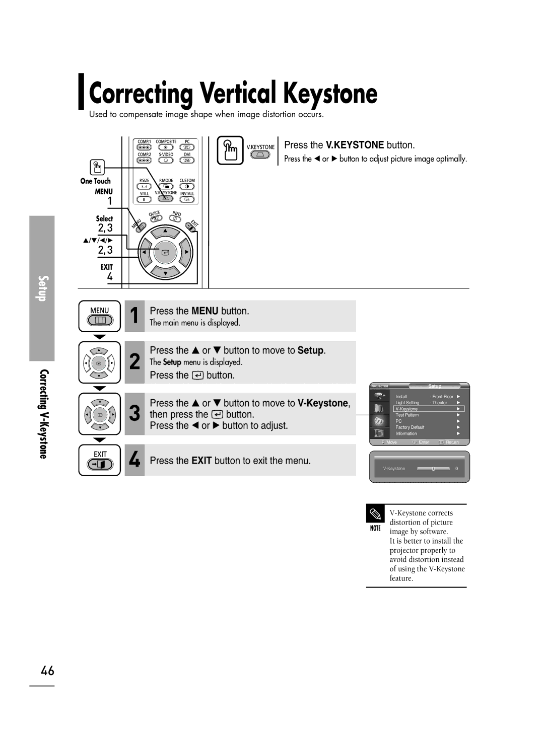 Samsung SP-H500, SP-H700, SP-H710 manual Correcting Vertical Keystone, Correcting V-Keystone 