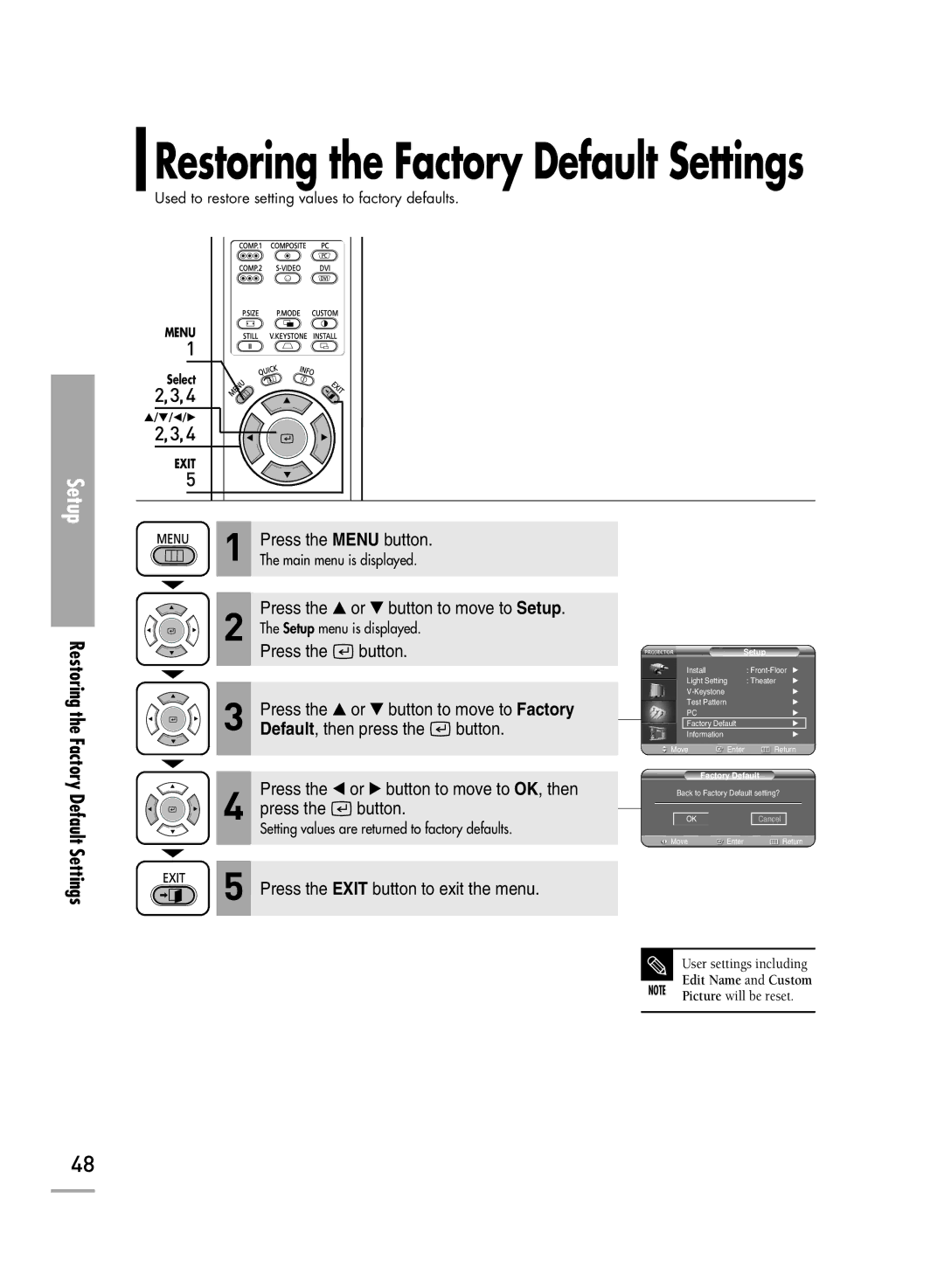 Samsung SP-H700, SP-H500, SP-H710 manual Restoring the Factory Default Settings 