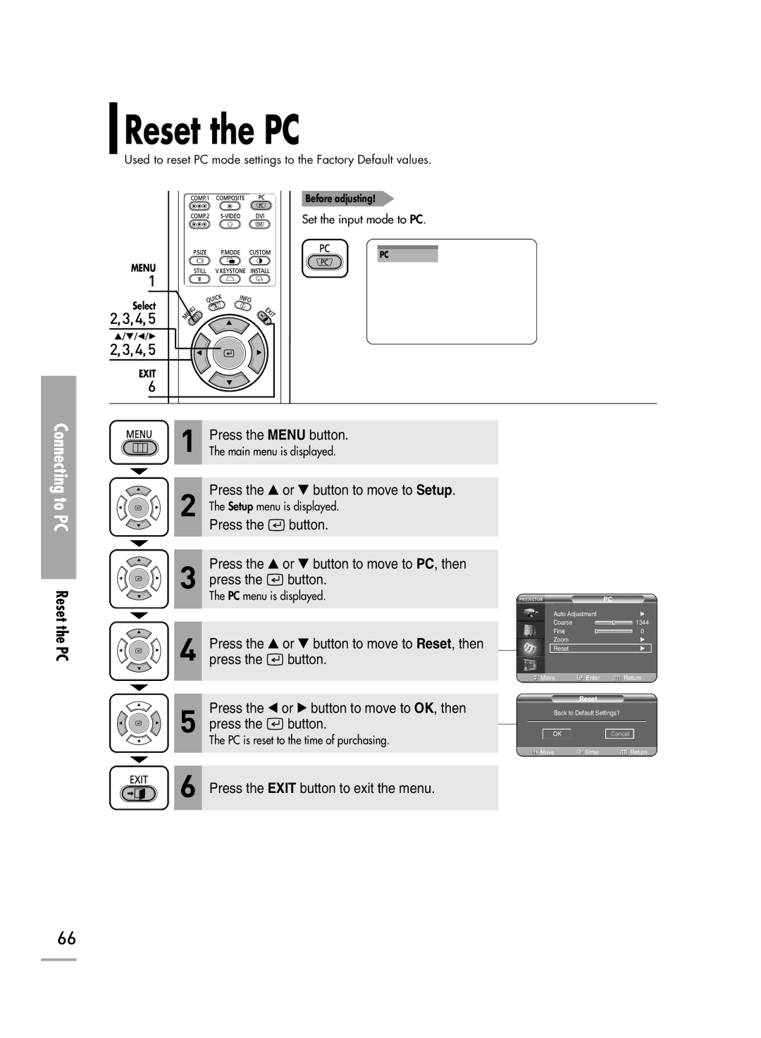 Samsung SP-H700, SP-H500, SP-H710 manual Reset the PC 